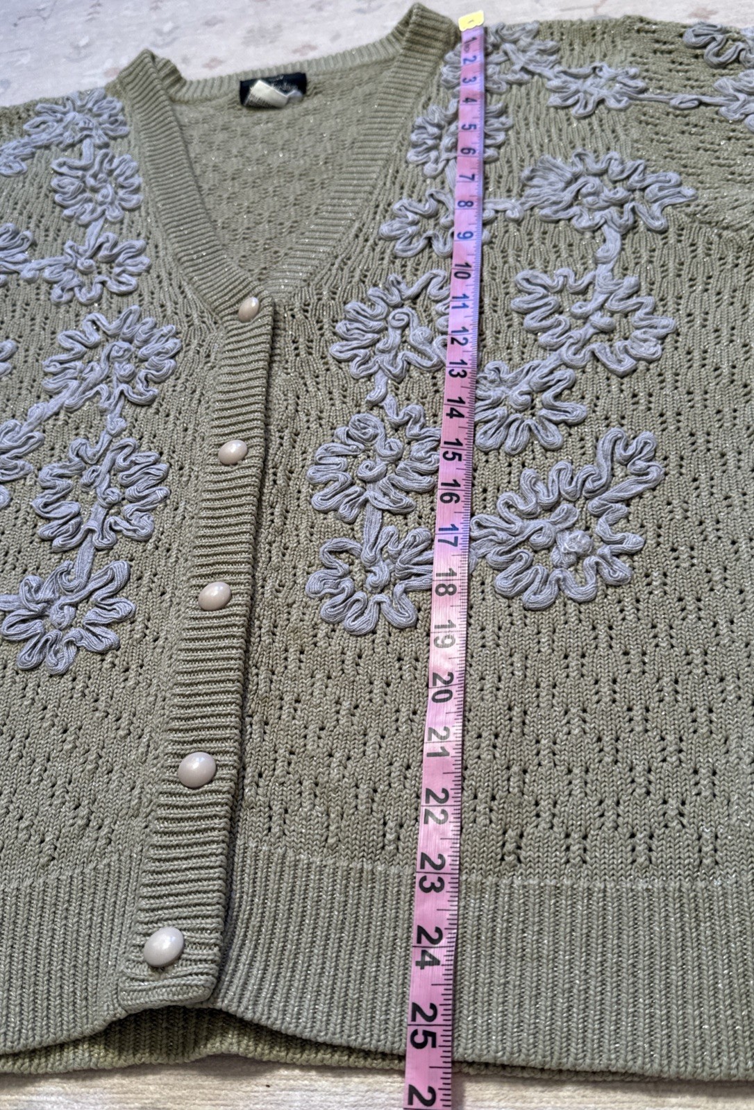 Vintage Fully Fashion Crochet Knit Appliqué Metallic Cardigan Wool Blend S-M