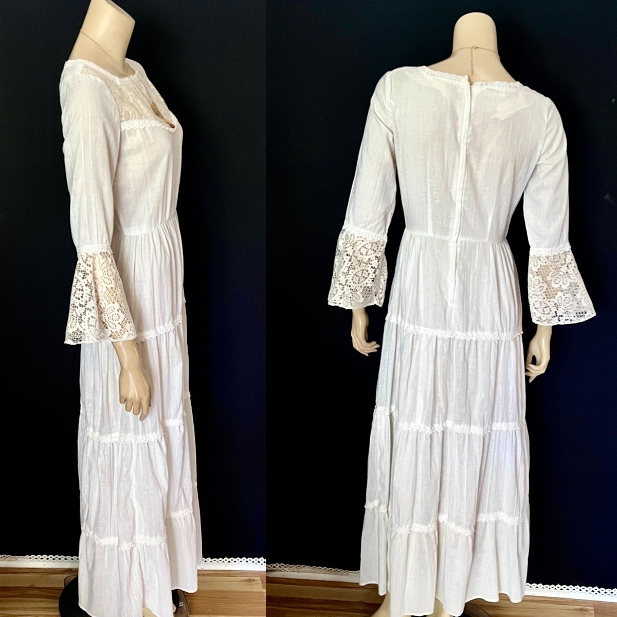 Off White 1970s Cottage Core Renaissance Style Maxi Dress by Peggy Barker, Small