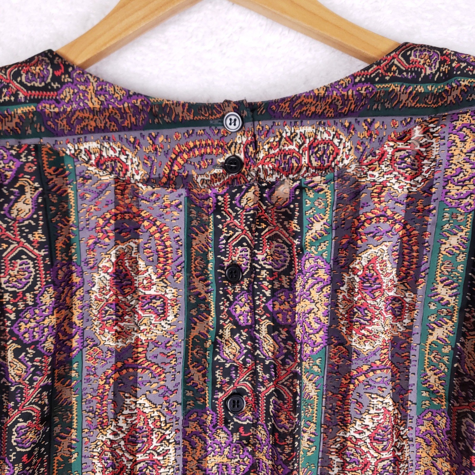 La Chine Classic Paisley Blouse Womens Size 10 Vintage Pleated Button Back 80s