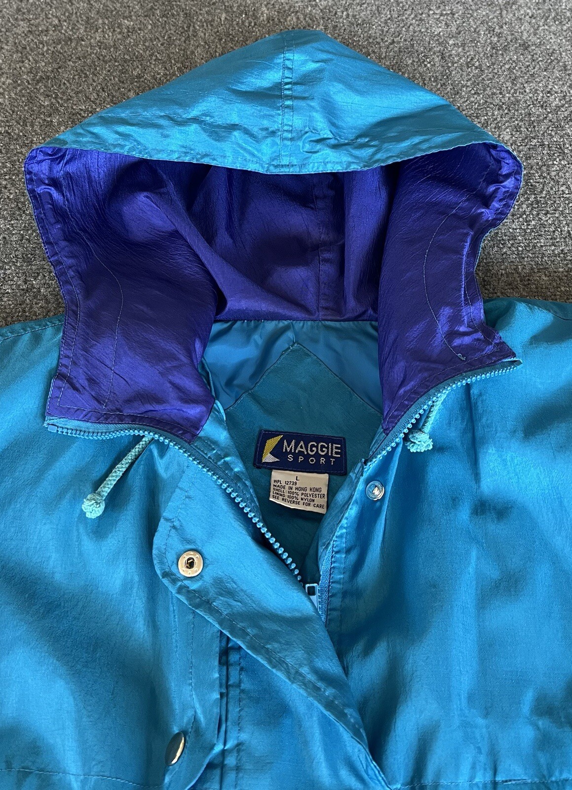 Maggie Sport Womens L VTG 90s Windbreaker Raincoat Blue Purple Zip Hooded
