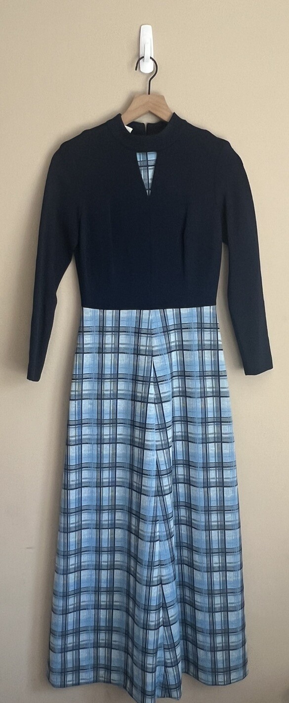 Vintage Maxi Dress Mod Plaid Poly Knit High Collar 8 10 Medium 60s 70s