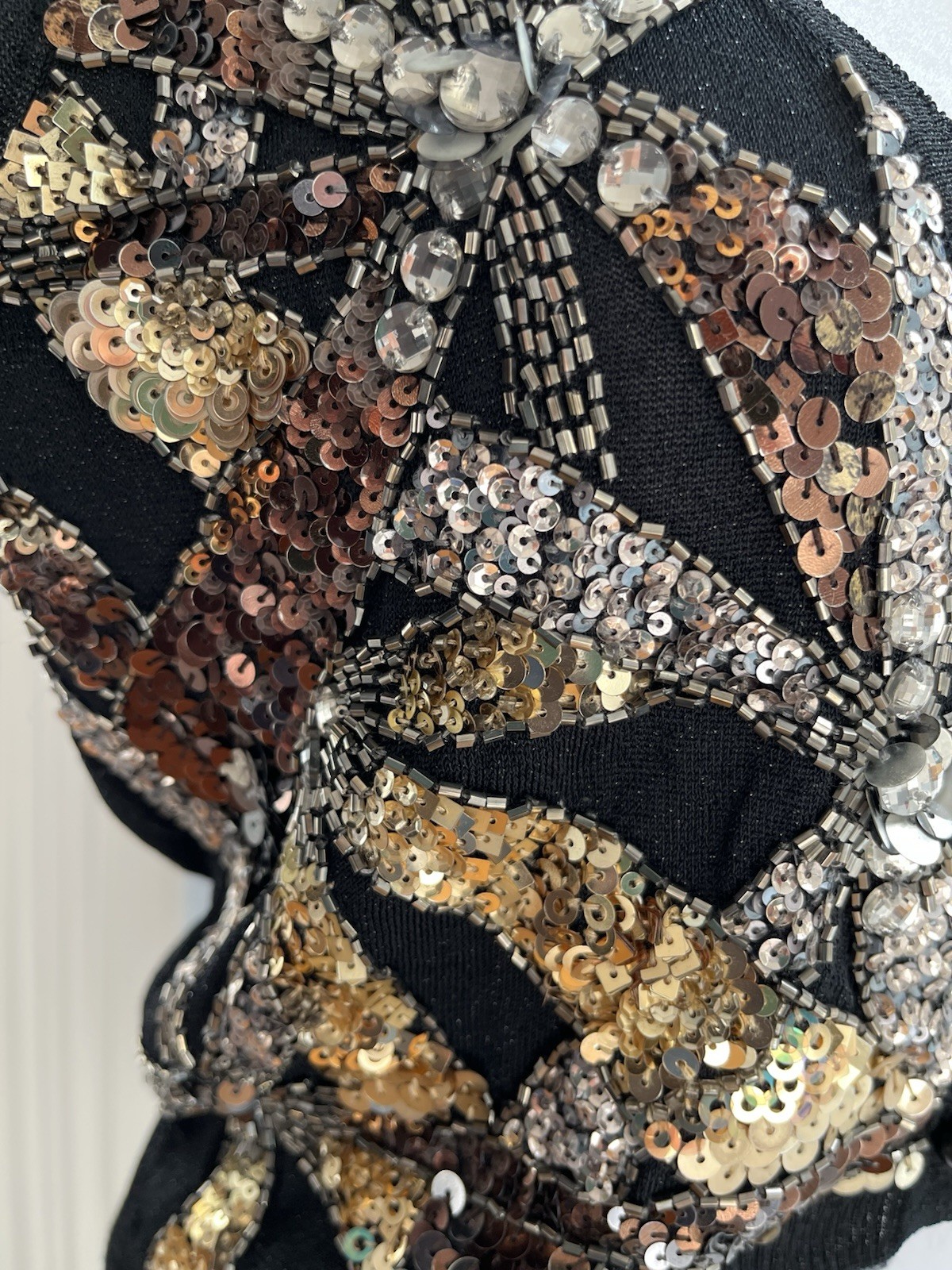 Sequin Beaded Sheer Black Gold Cardigan Sweater Pin-up Evening 80’s XS S Cropped