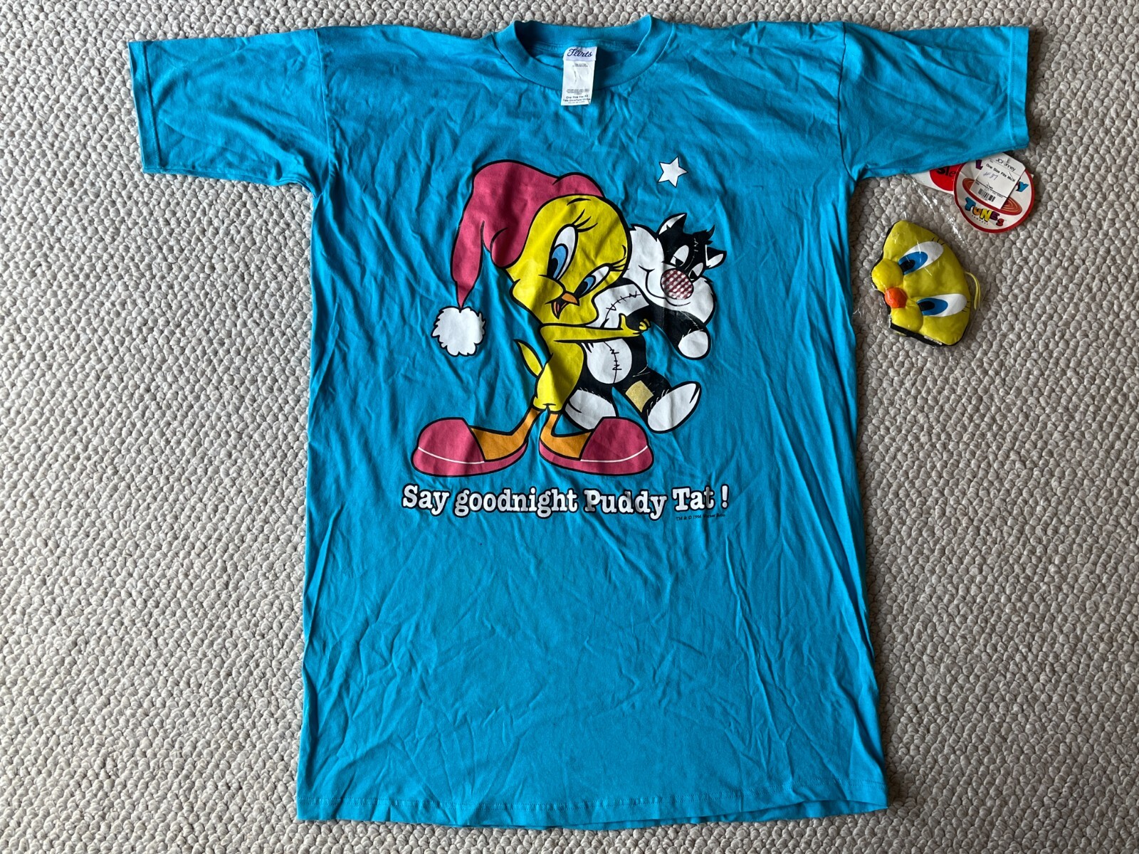 1996 Warner Bros Tweety Pajama Shirt Womens One Size Oversize Shirt & Sleep Mask