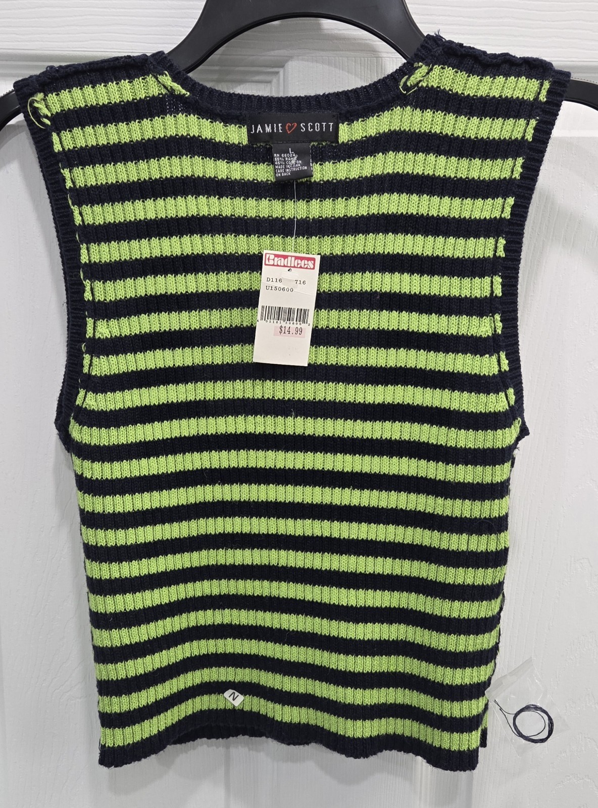Vintage Jamie Scott NWT Striped Knit Sweater Tank Top Large Lime Green Navy