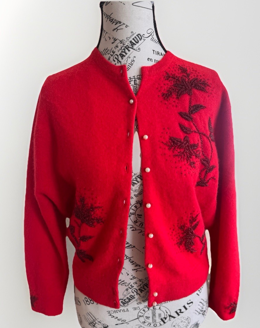 vintage 70’s fur blend lambswool angora rabbit red beaded cardigan sweater top
