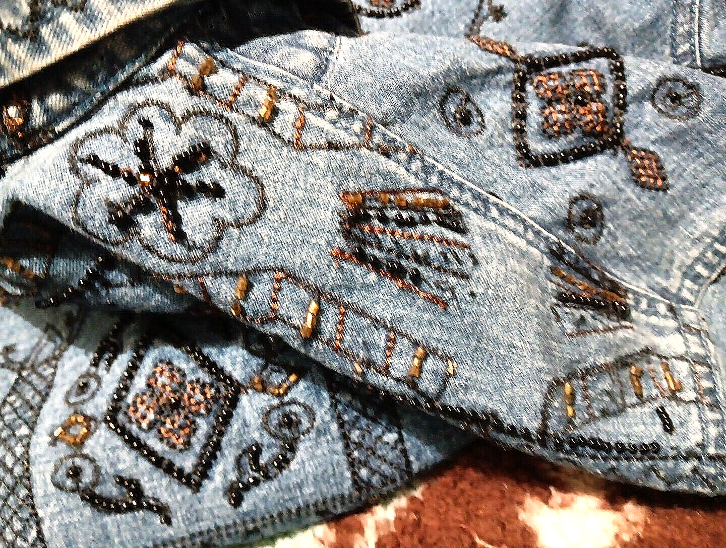 Vtg Chico’s Design BOHO Denim Beaded Jacket SILK Lined Hand-beaded Sz LG