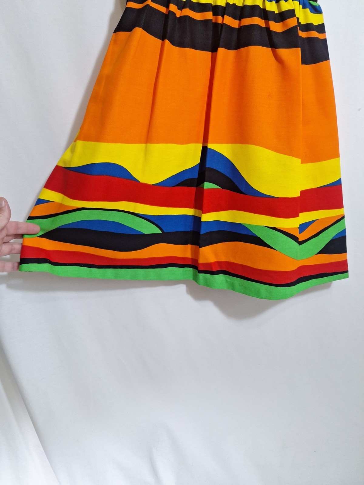 Vtg 70s Malia Honolulu Rainbow Striped Dress Cutout Open Back Mod Pop Art Small