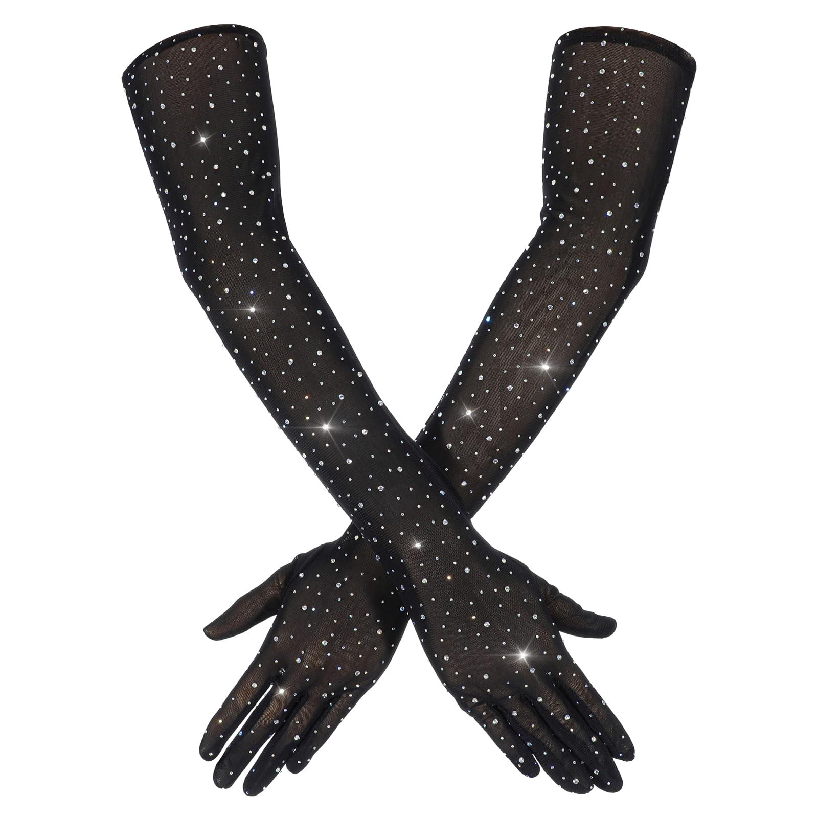 Yolev Black Long Sheer Gloves, Rhinestone Lace, Elbow Length, 50x10cm,