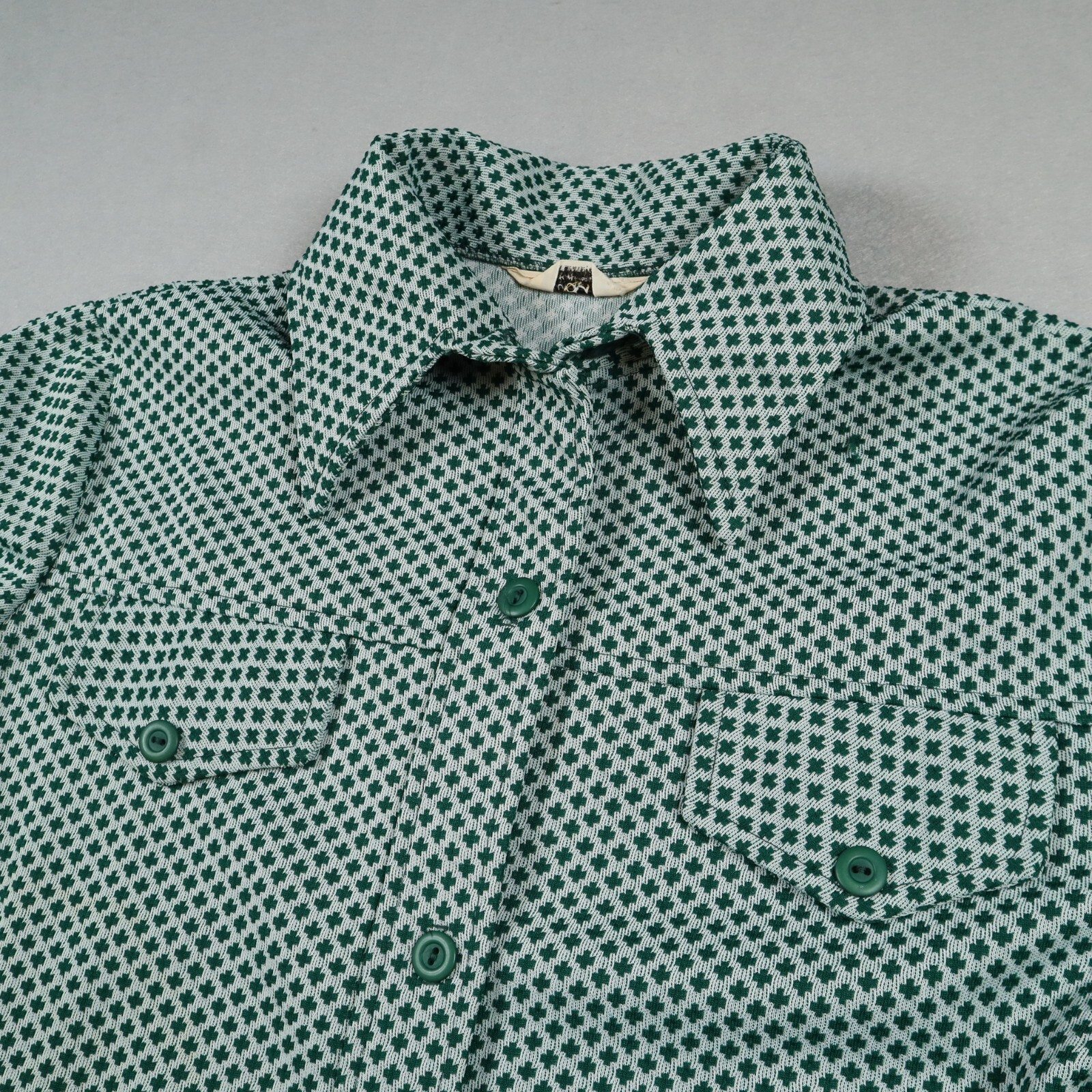 Vtg 70s MLM Mayer Lang Marquis Retro Green Geometric Button Shirt Womens Medium*