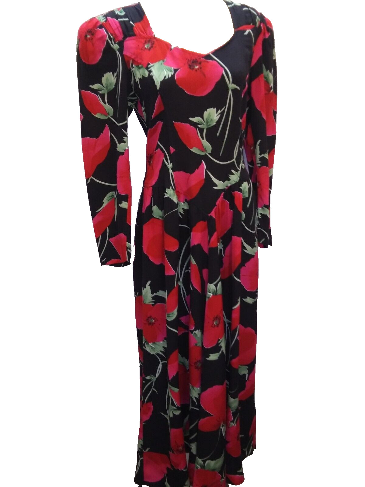 Vintage 1980’s Black Red Green Rayon Dress by Carol Anderson Small