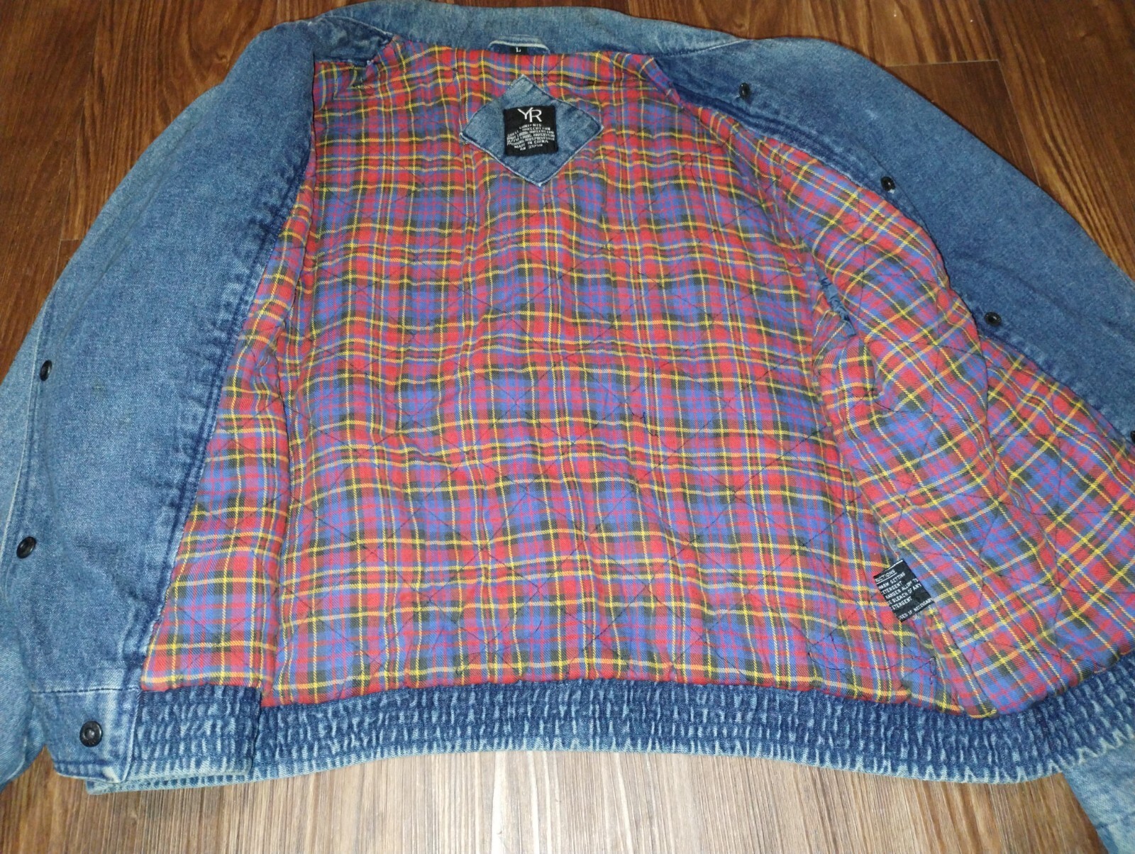 VTG YR Womens Size L Snap Up Quilt Lined Distressed Blue Jean Jacket Bling Lapel
