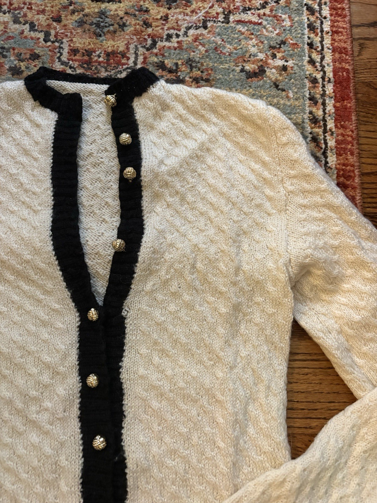 Vintage Wool Blend Knit Cardigan With Gold Buttons White And Black