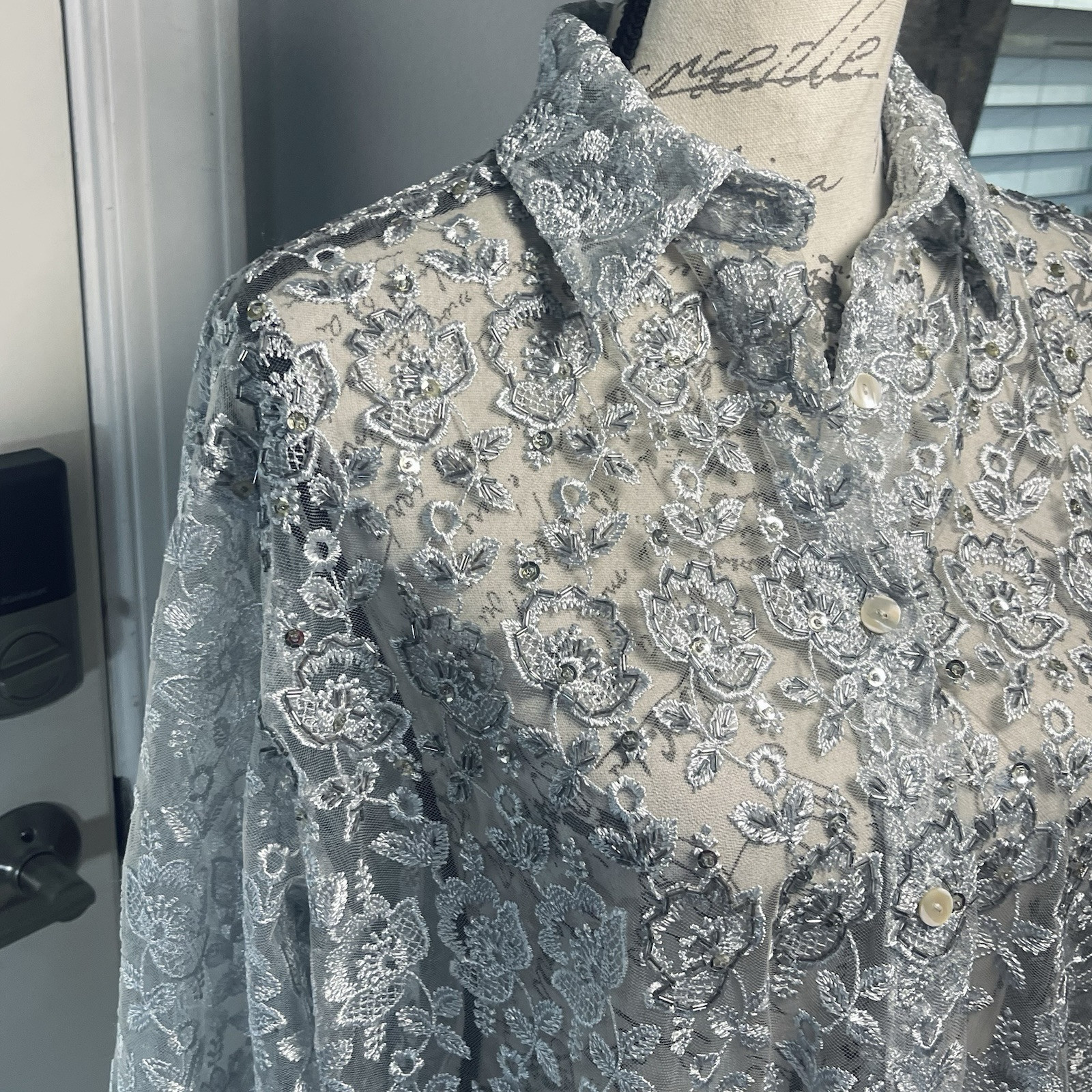 The Icing Vintage 90’s Silver Floral Lace Beaded Bustier Blouse Chic 2 Pc Set
