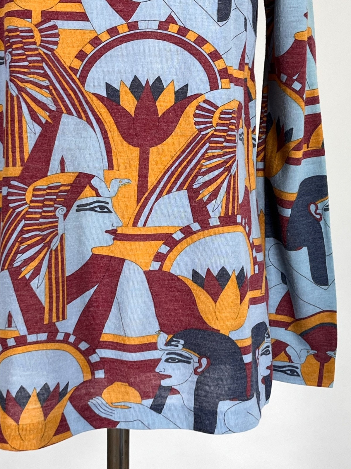 Vintage 1960’s-70’s blue EGYPTIAN print medium-weight knit top by Add 1 Ltd. S/M