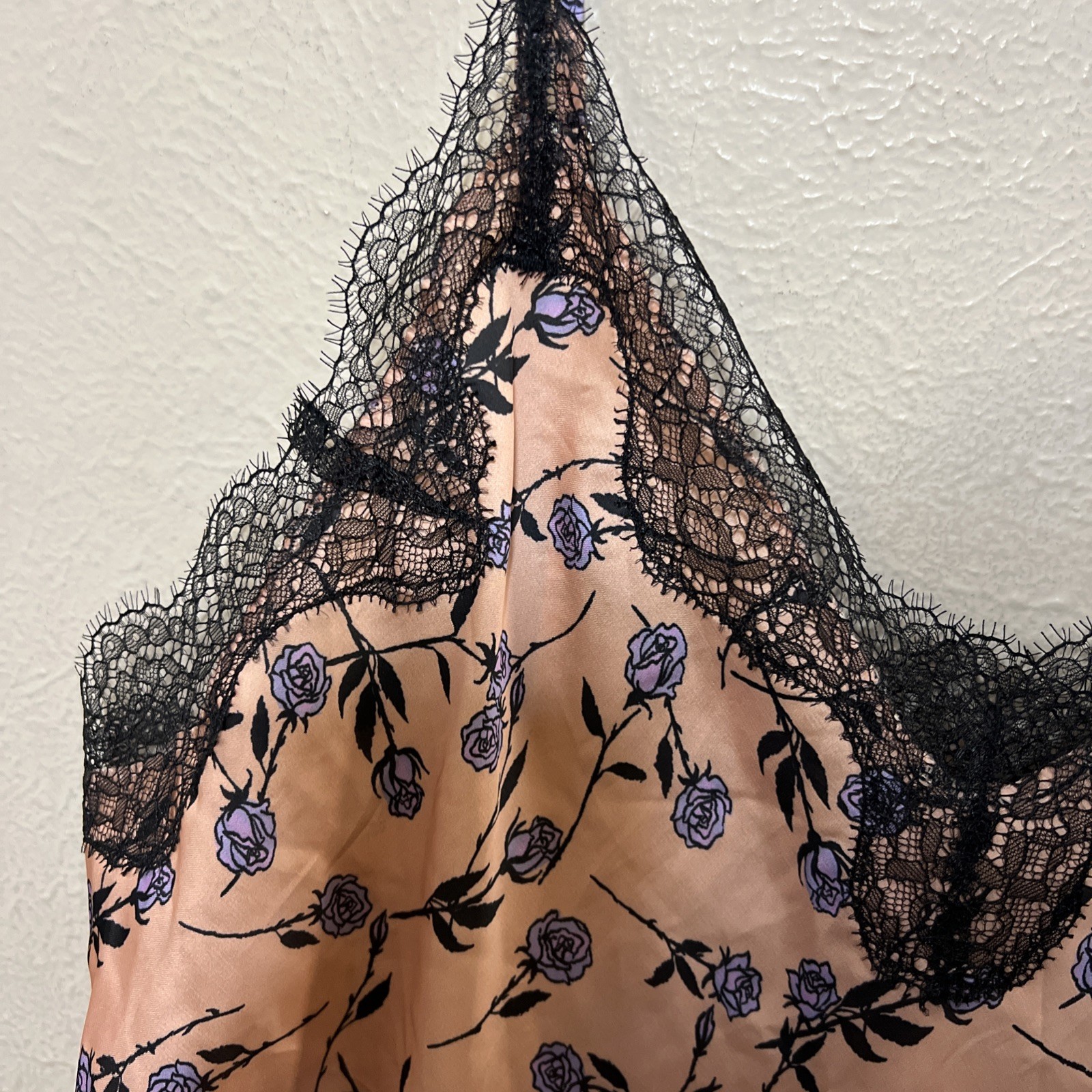 Victoria’s Secret Satin Slip Dress Chemise L Pink Purple Rose Black Lace Trim VS
