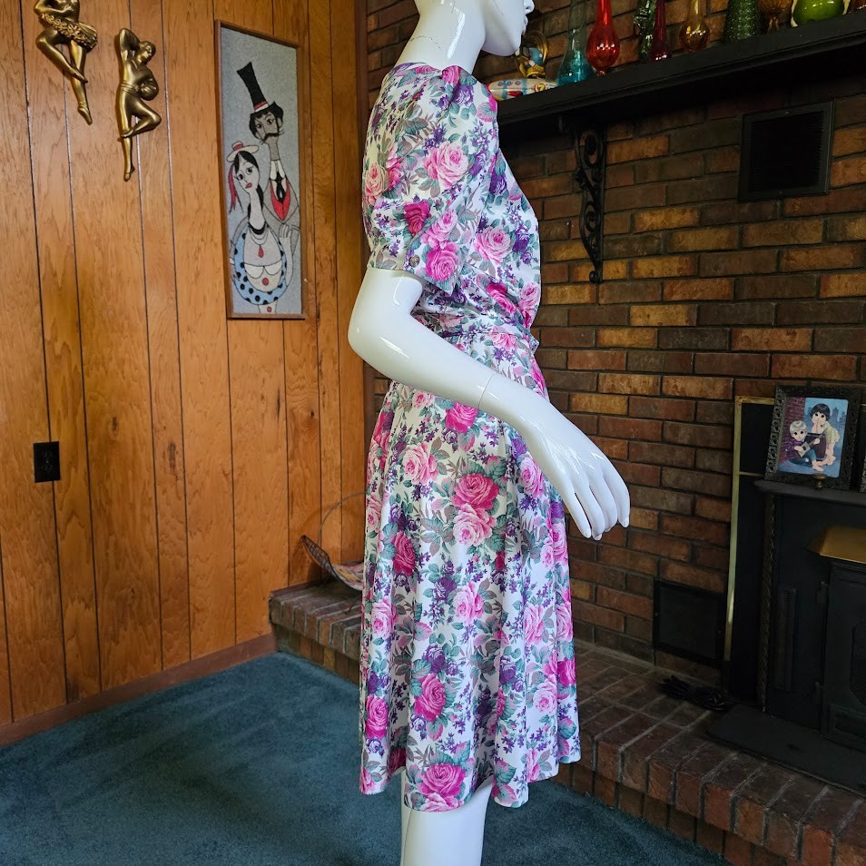 Vtg 80s Garden Party Cabbage Rose Granny Floral Belted Shirtwaist Tea Dress PM/L