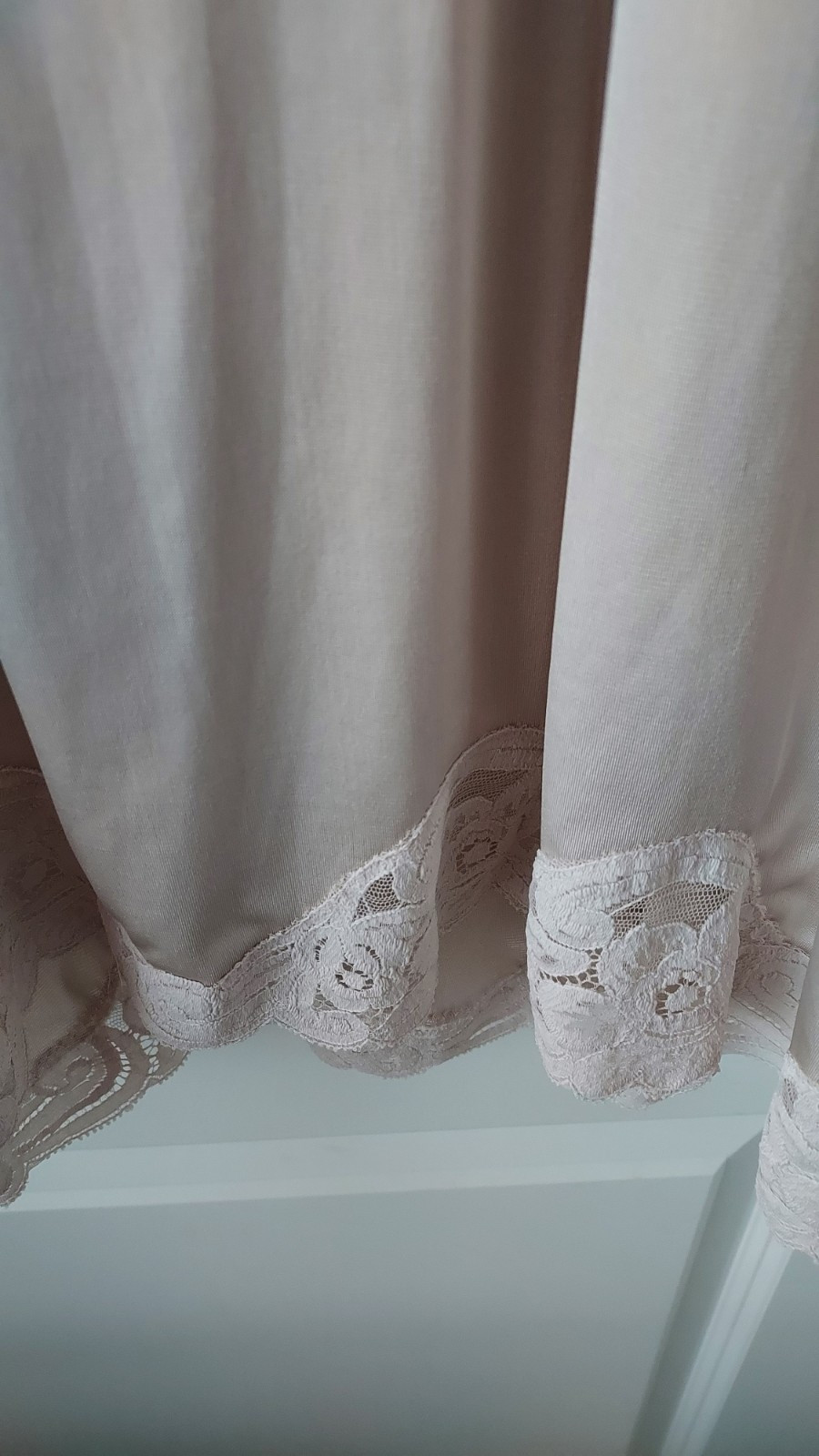 Vintage Slip Chemise Vanity Beige Ecru Nylon Antron III Lace Trim 36 Coquette