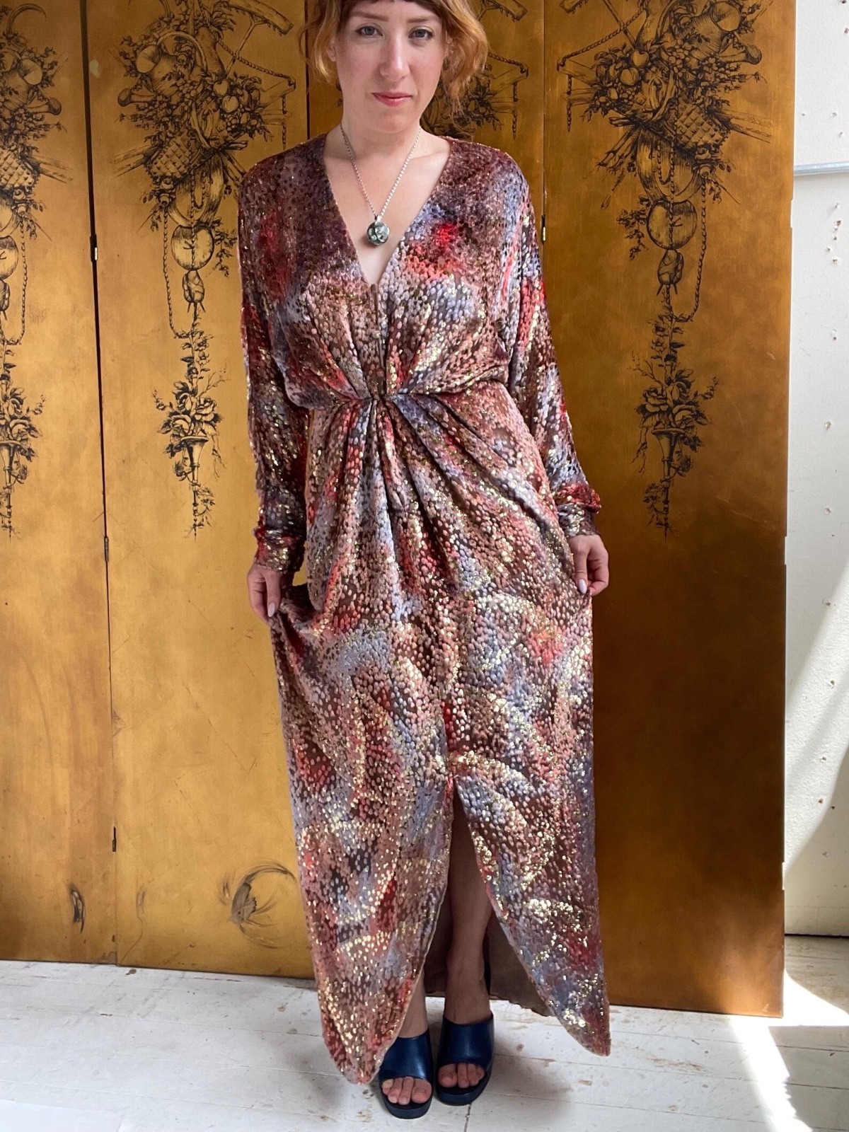 1970s Dress Silk Velvet Burnout Semi-Sheer Maxi Gown Jill Richards