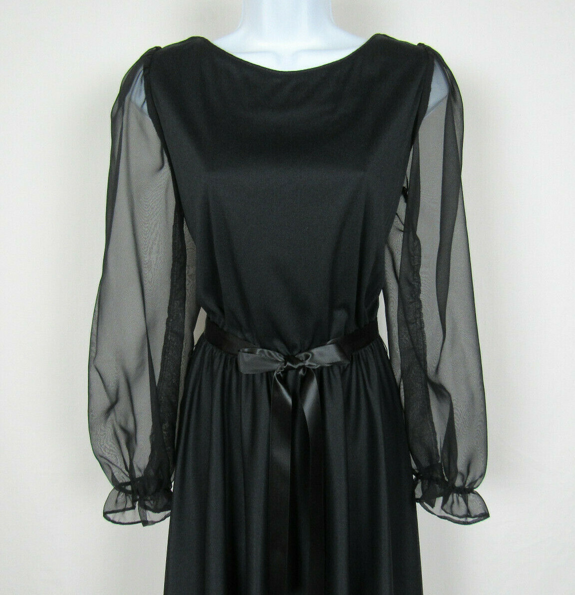 VTG 1960s GEORGE ORIGINALS BLACK DRESS SIZE 12 POLY CHIFFON ARMS RIBBON BELT