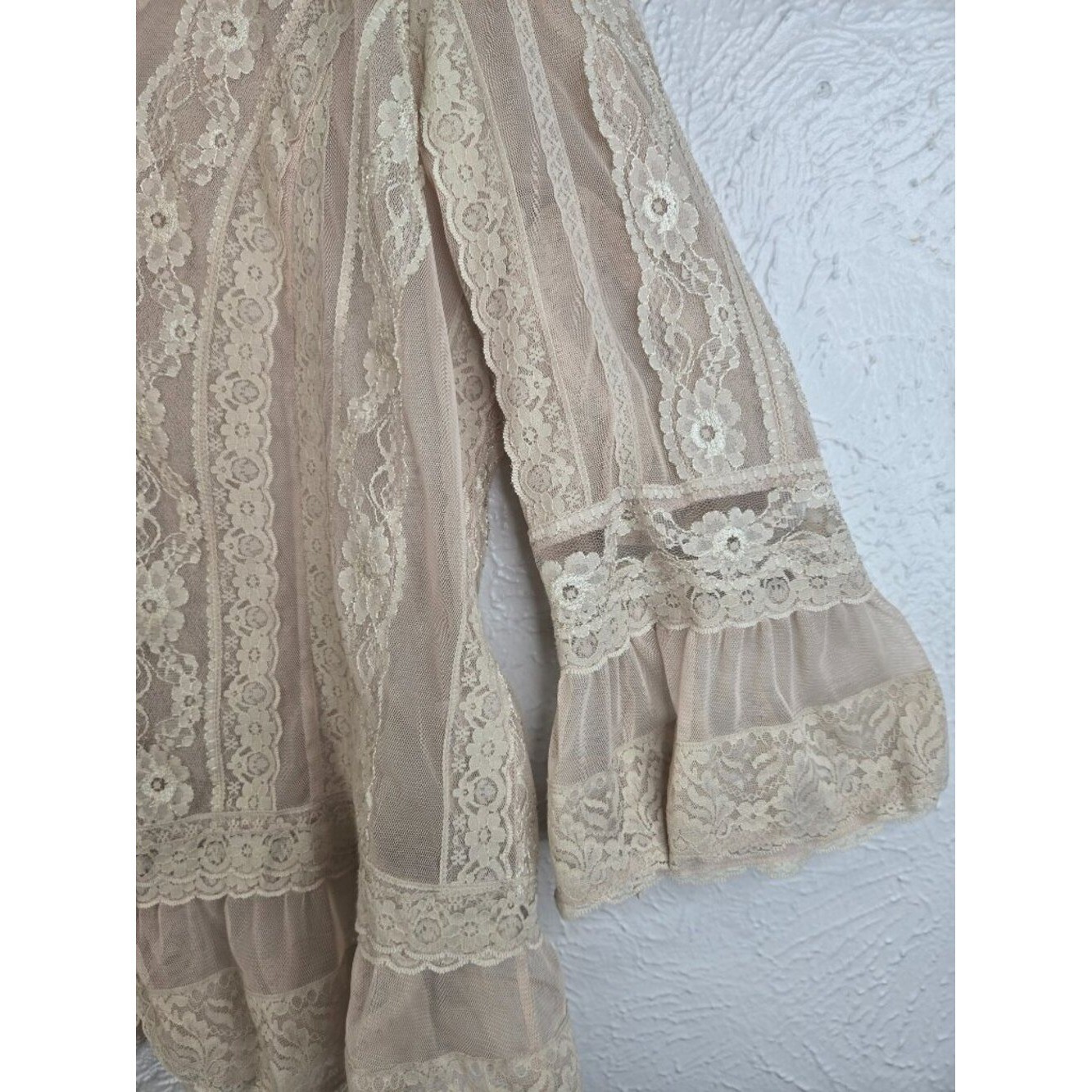VTG Lacey Ruffle Blouse Tan Sheer Floral Lace Bell Sleeve Top Victorian Coquette