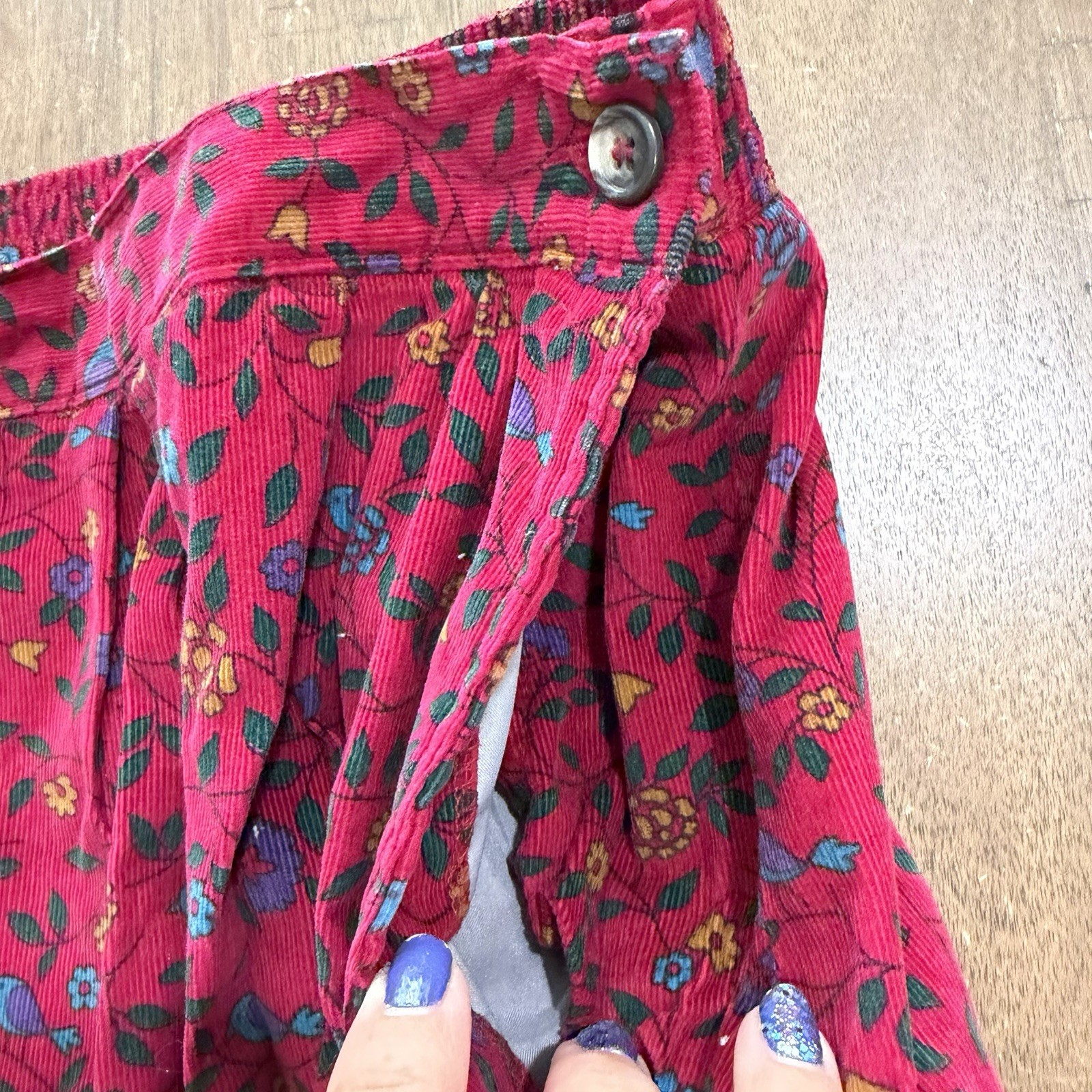 Vtg Bryn Connelly Midi Skirt Sz 16 Dark Red Floral Soft Lightweight Corduroy EUC