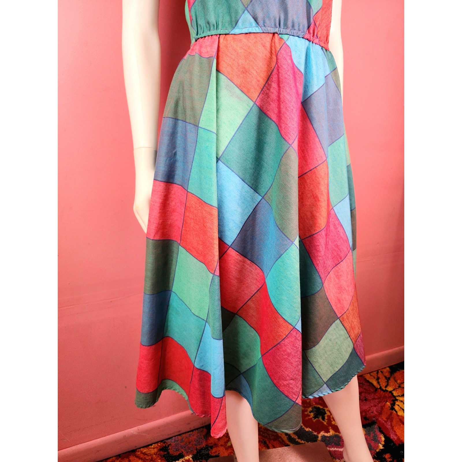 Vintage 1970’s Madras Harlequin Diamond Check Plaid Magenta Blue Shirt Dress