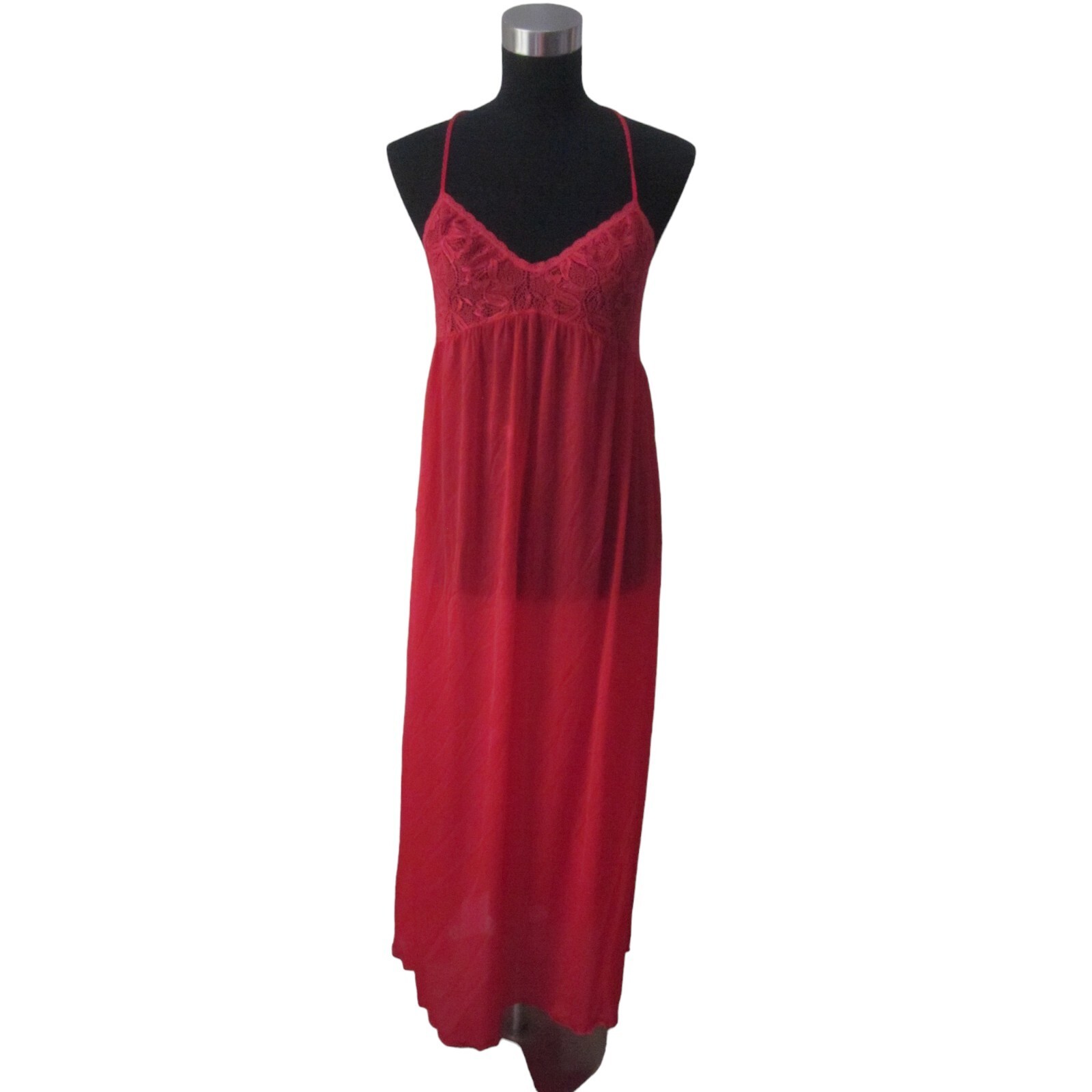 VTG VANITY FAIR Red Lace Bodice Nylon Blend Strappy Back Nightgown Sz S USA