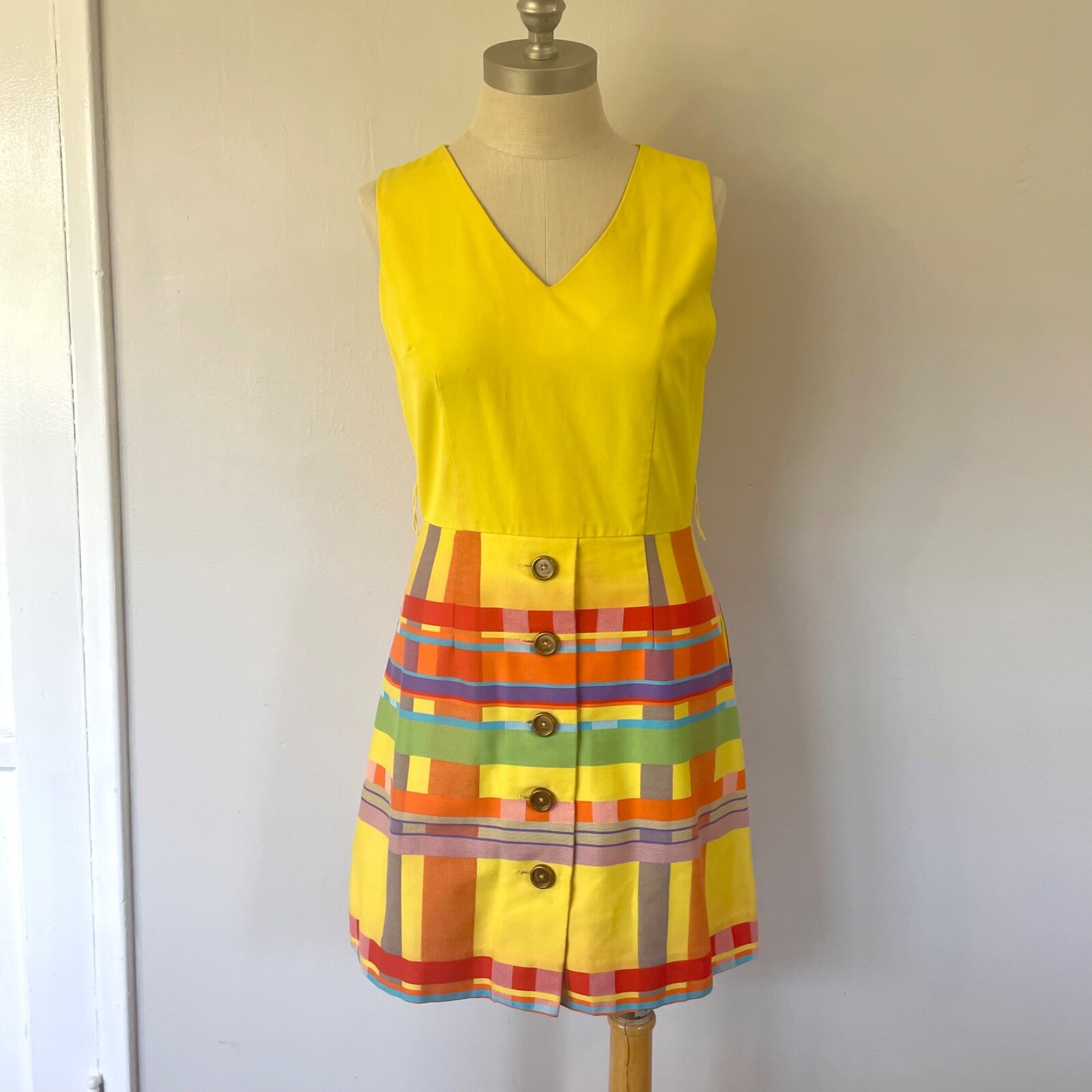 Vintage 60s Elizabeth Stewart Dress Culotte Skort Romper Yellow Plaid Size S/M