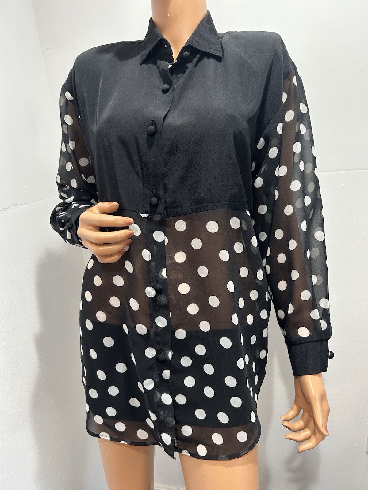 Dani An Vintage Blouse black white polka dots long sleeves size large