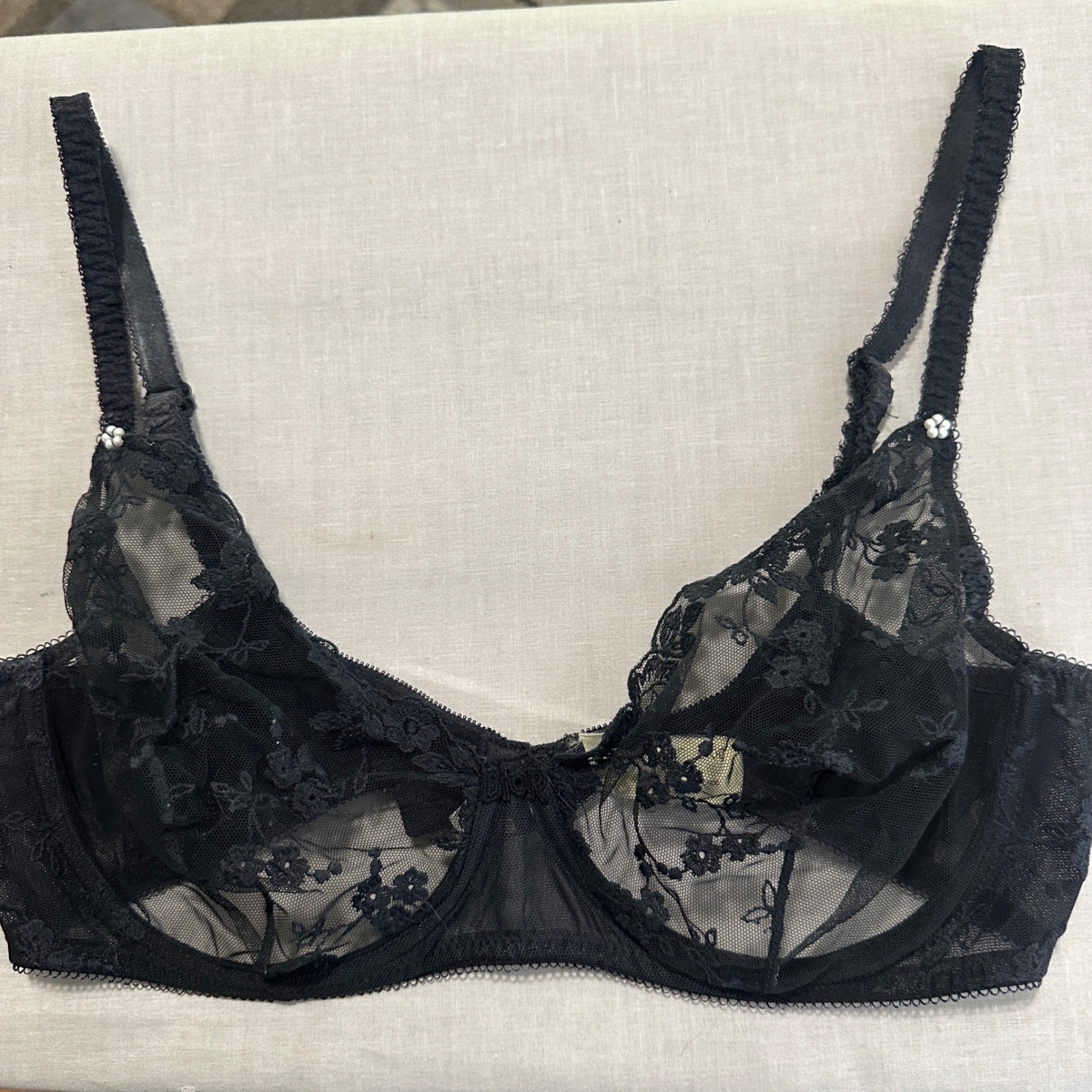 Christian Dior Women’s 34B Bra Black Vintage Floral Lace Sheer Underwire