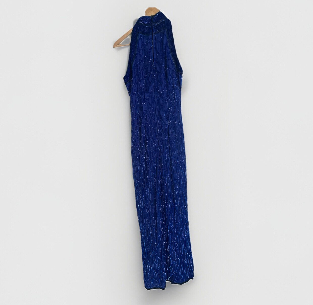 Vintage LAURENCE KAZAR Royal Blue BEADED Sequin Silk HALTER GOWN Long Formal M
