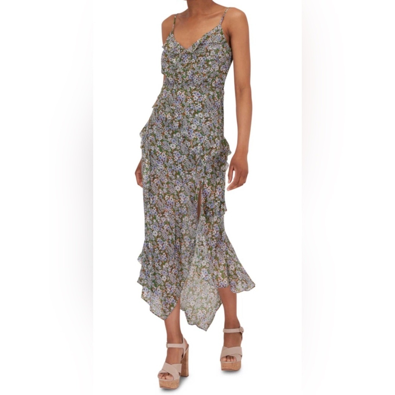 Veronica Beard Avenel 100% Silk Floral Ruffle Midi Dress Size 8 NWT