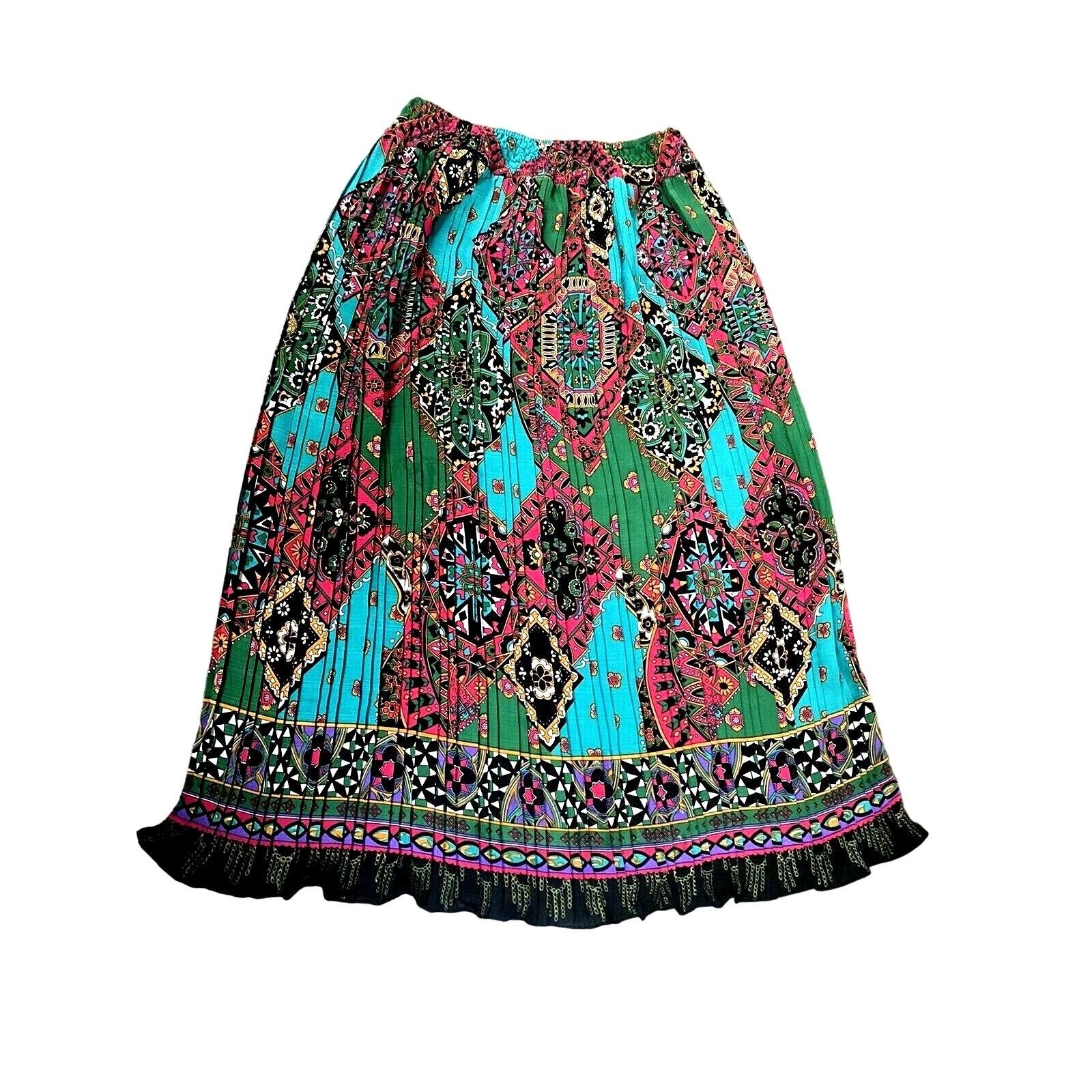 Diane Freis Original Vintage Pleated Maxi Skirt Geometric Kaleidoscope Ruffle L