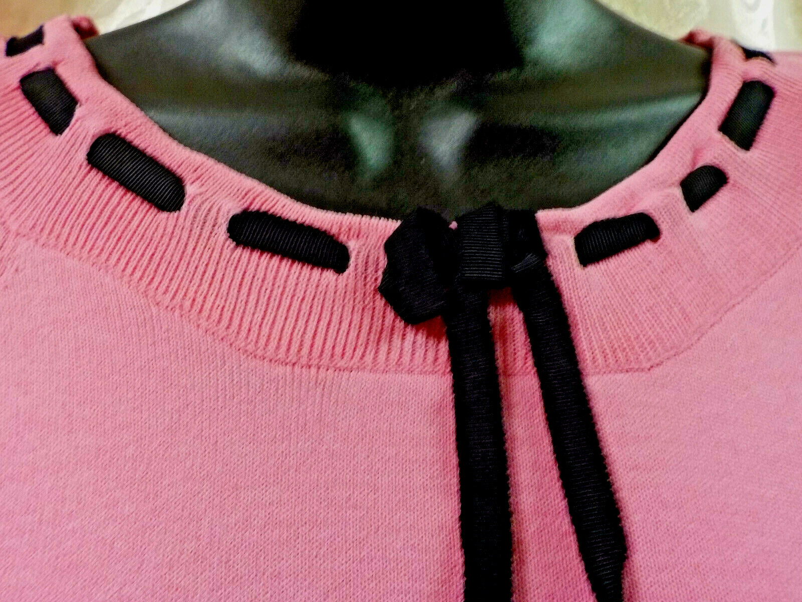 Vintage Joseph A. 1990’s Top Size M Pink Black Ribbon Trim 3/4 Sleeve Viscose Bl