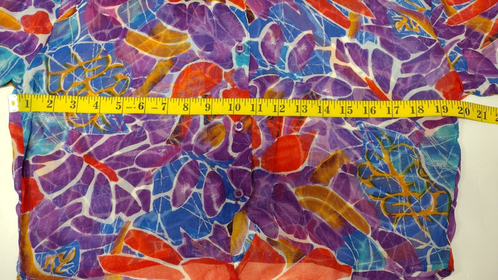 1990s Crop Style Short Sheer Shirt Unisex Purple Floral Rayon Tie Front GAY