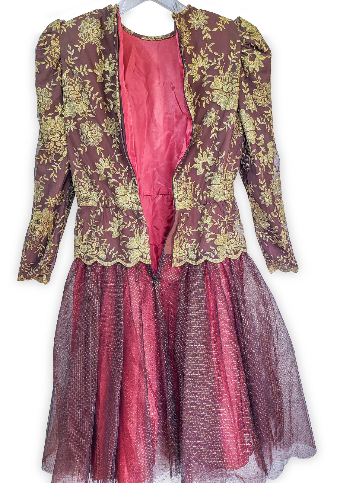 William Pearson Gold Floral Embroidered Tulle Midi Dress Sz 8 VTG 80s Couture