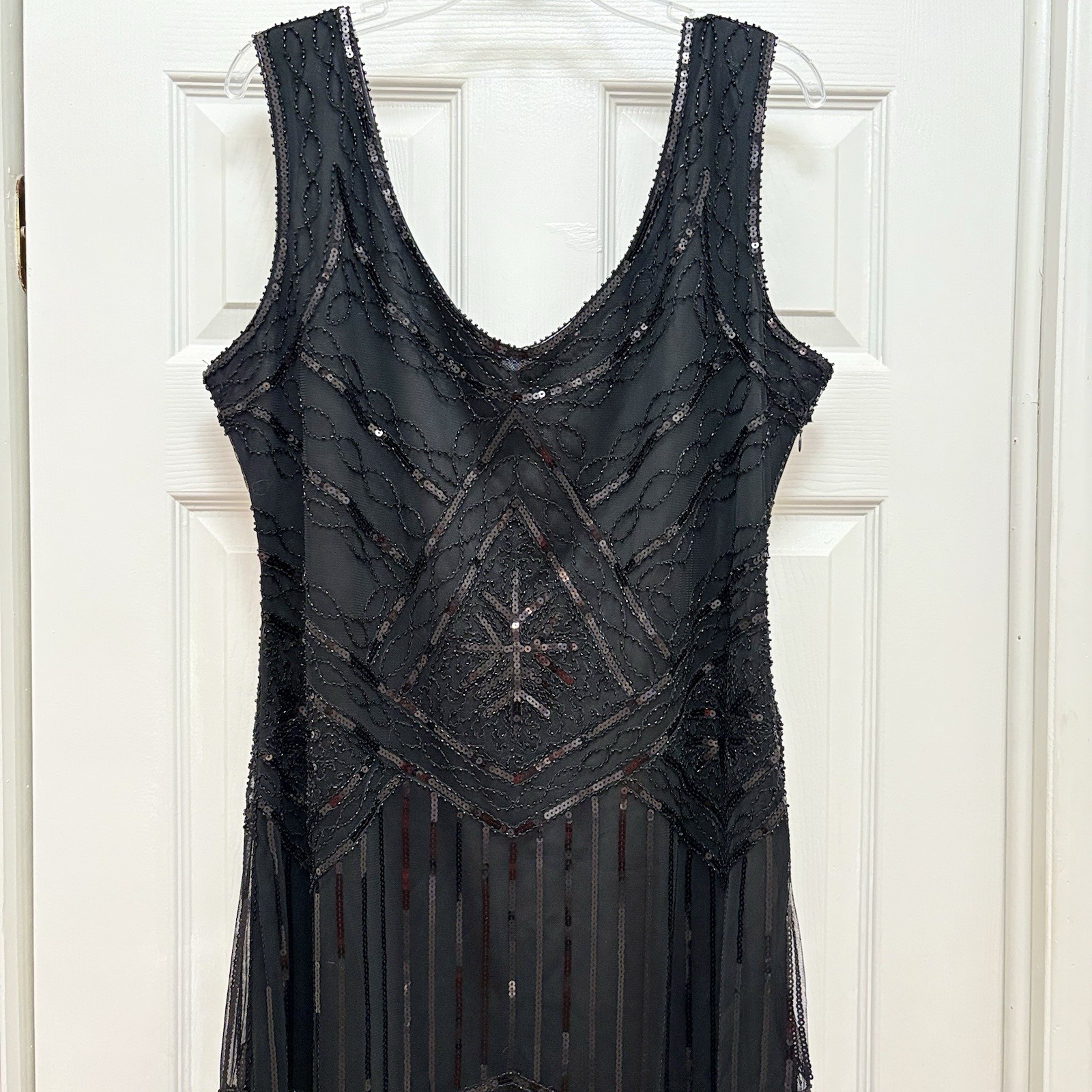 Black Sequin Beaded Flapper Dress Gatsby Fringe Mesh Cocktail Party Dress 3XL