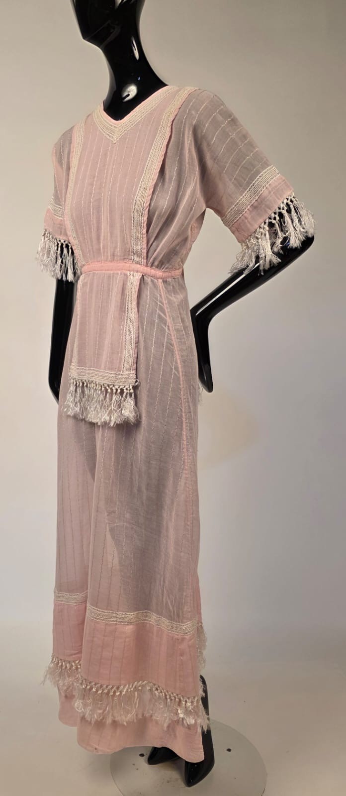 EDWARDIAN PALE PINK STRIPED MUSLIN DRESS W SILK TASSEL FRINGE TRIM