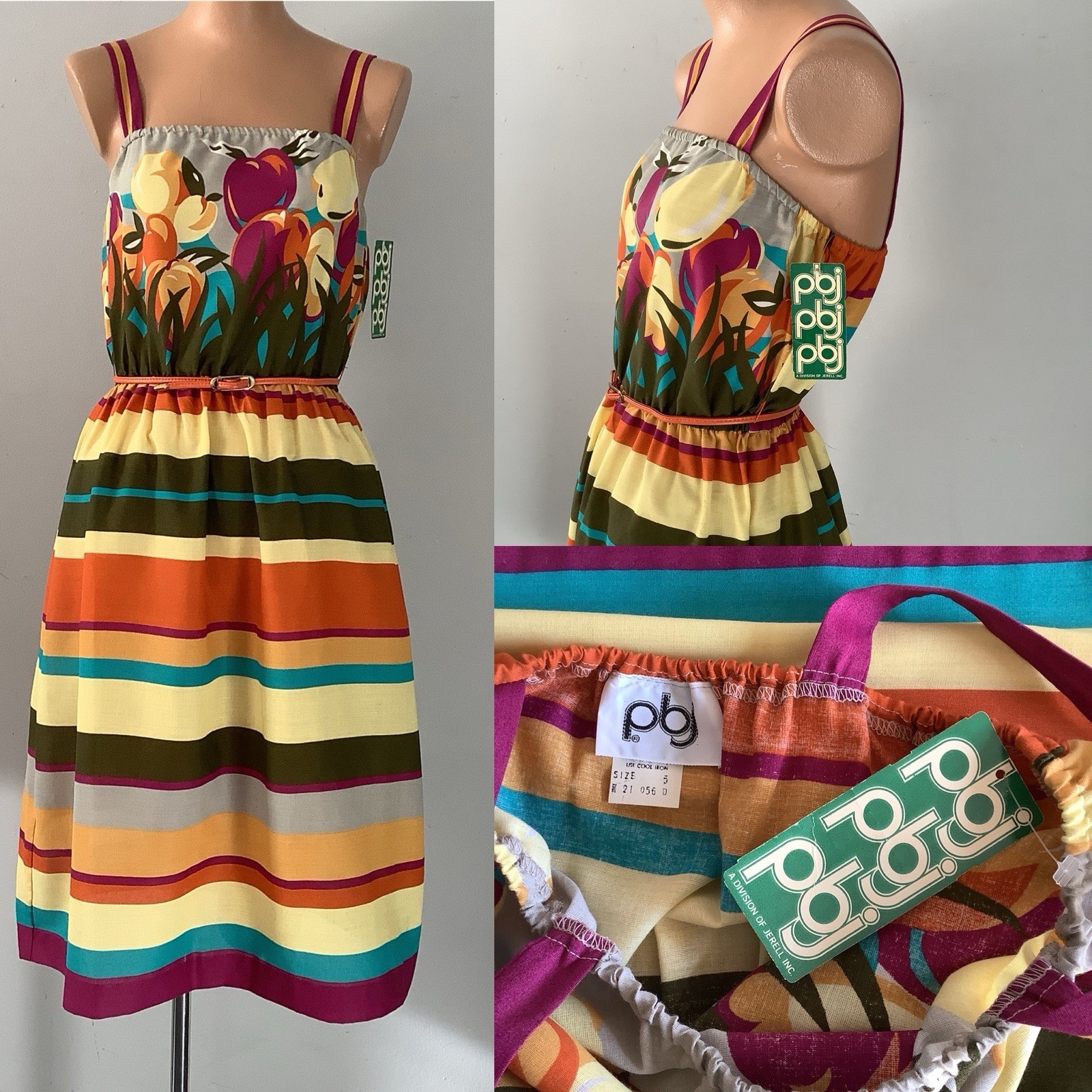 VTG 1970’s PBJ By Jerell Of Dallas Deadstock Fruit & Stripe Print Dress Orig Tag