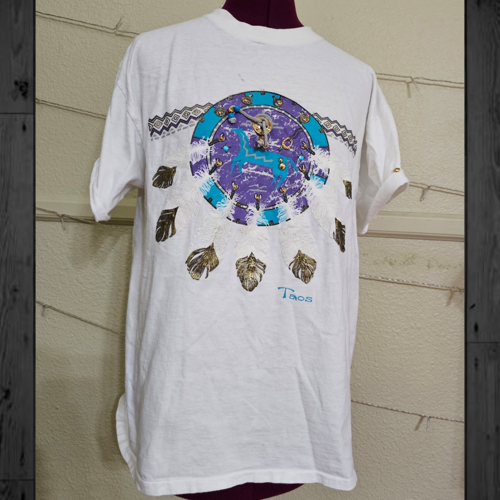 Vintage 90s Women’s New Mexico Feathers Horse T-Shirt Large Single Stitch White