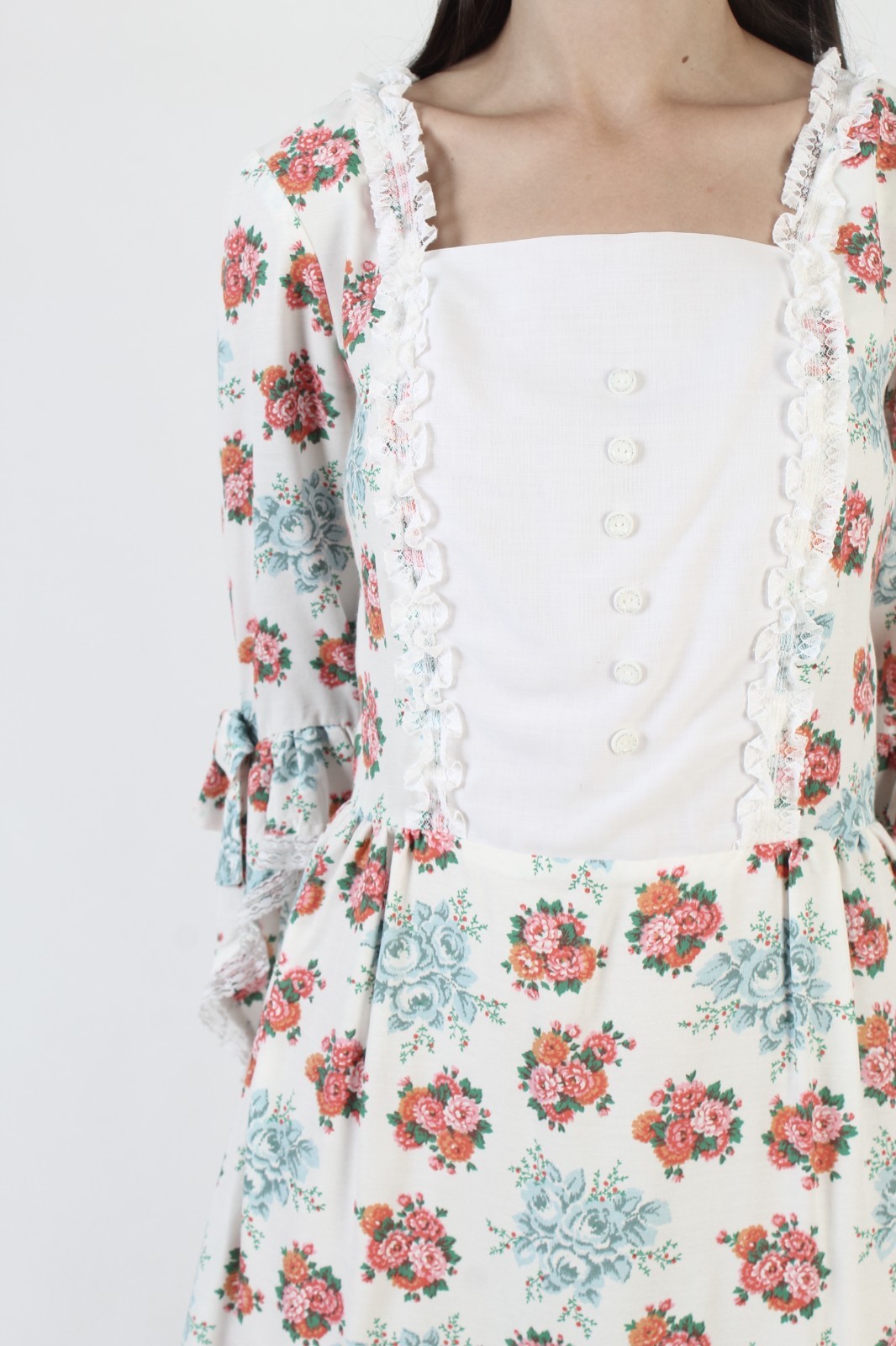 Vintage 70s Romantic Country Folk Dress Floral Prairie Trumpet Slv Homespun Mini