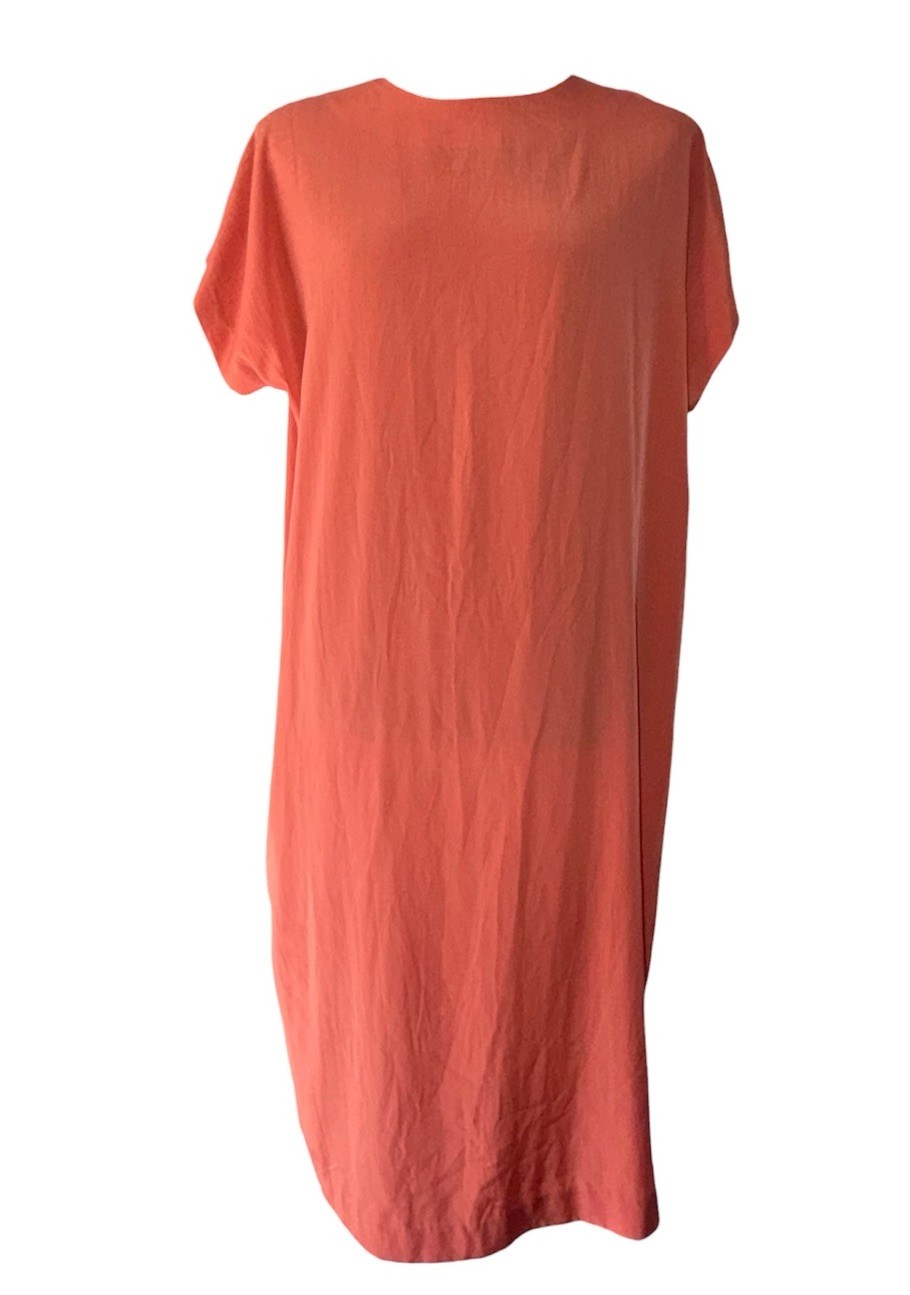 Sue Brett vintage coral orange shift dress mid-century loosely hung straight cut