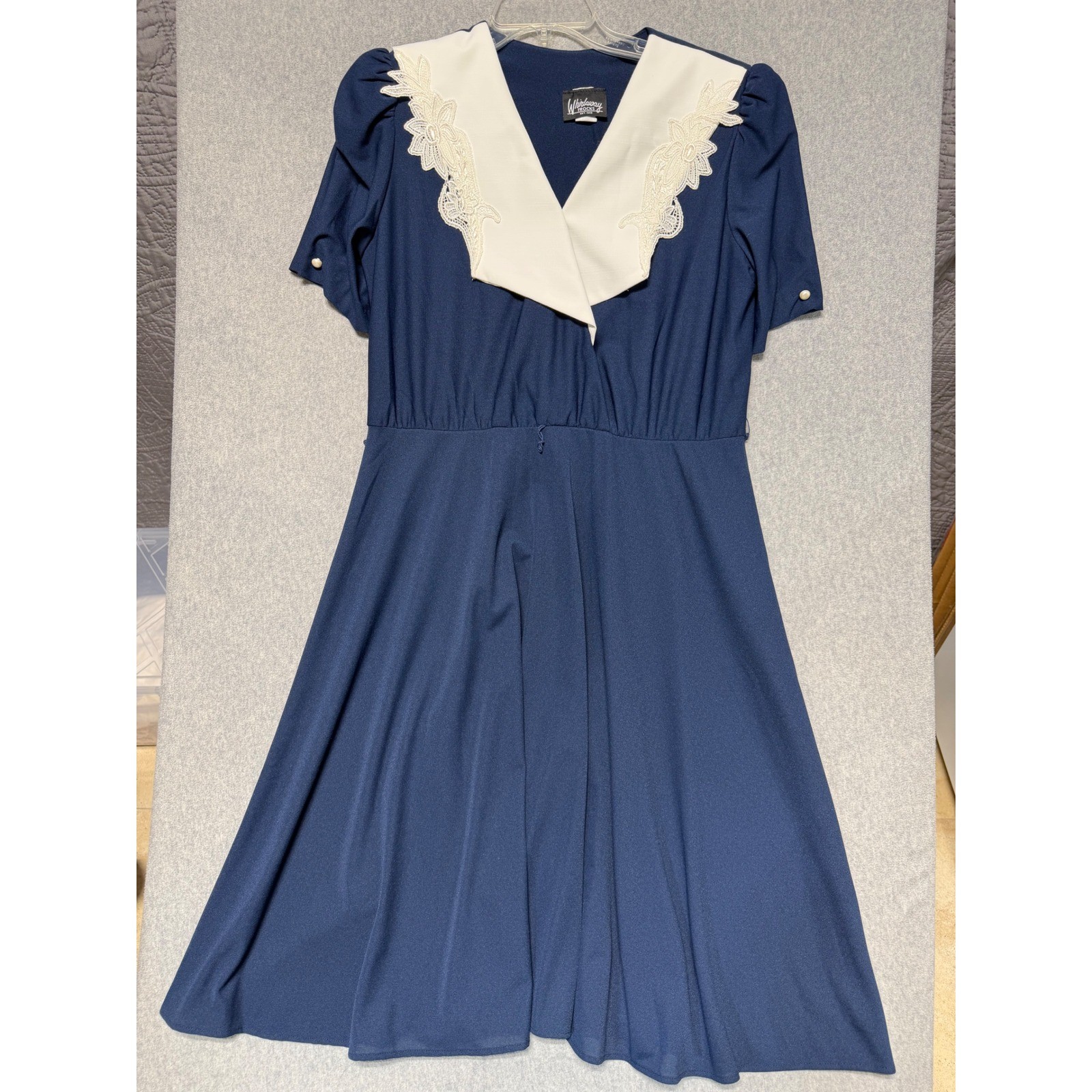 Whirlaway Frocks Vintage Navy Blue Lace Sailor Collar Midi Dress Size 12P USA