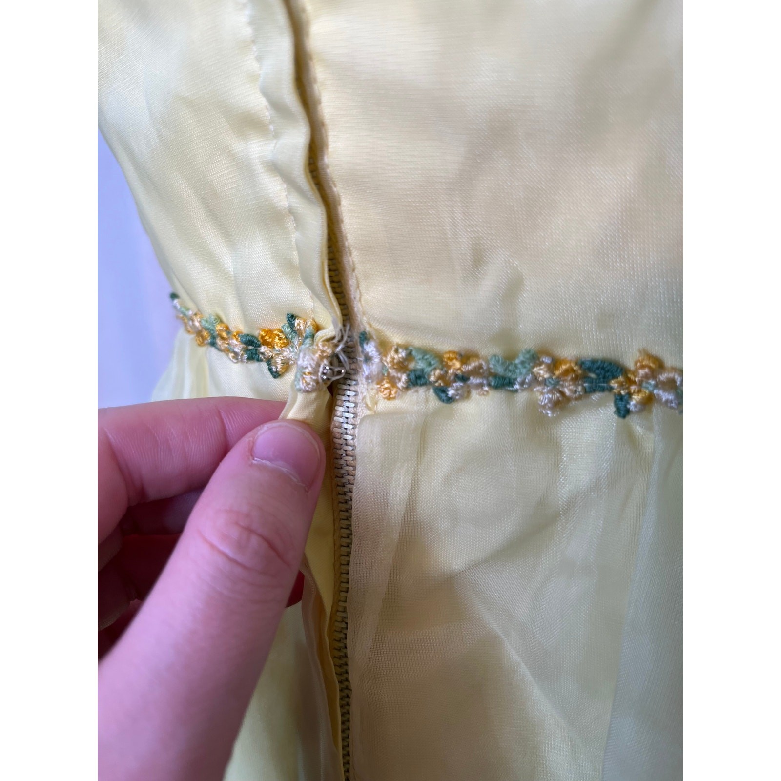1970s Pastel Butter Yellow Floral Chiffon Coquette Fairy Tea Party Maxi Dress S