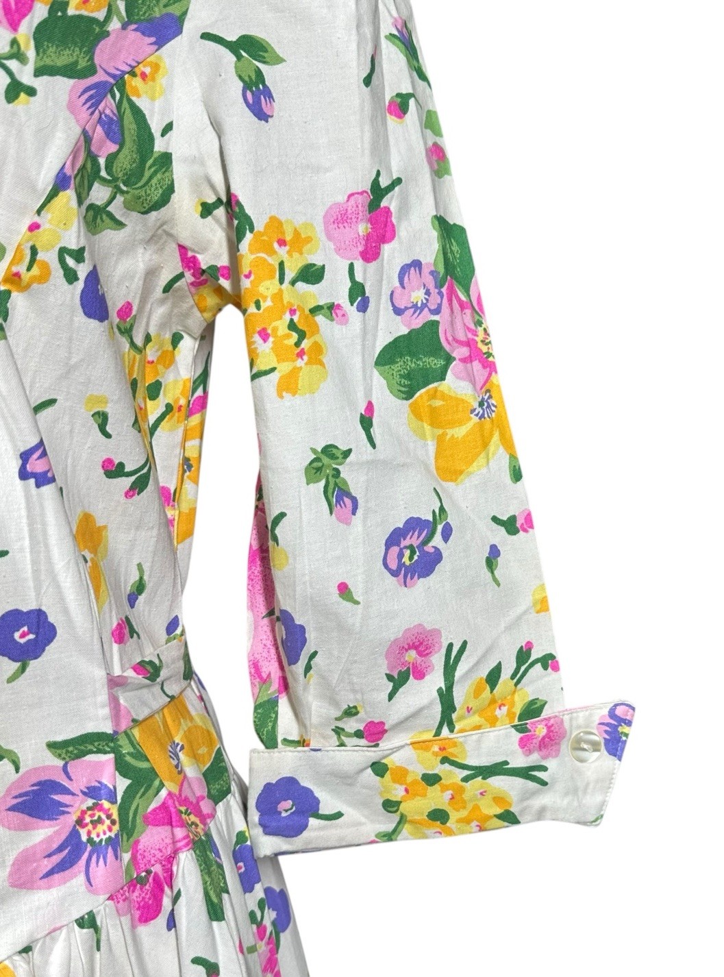 Vtg 80s Cottagecore White Pink Floral Midi Dress Drop Waist Shoulder Pads Sz 12
