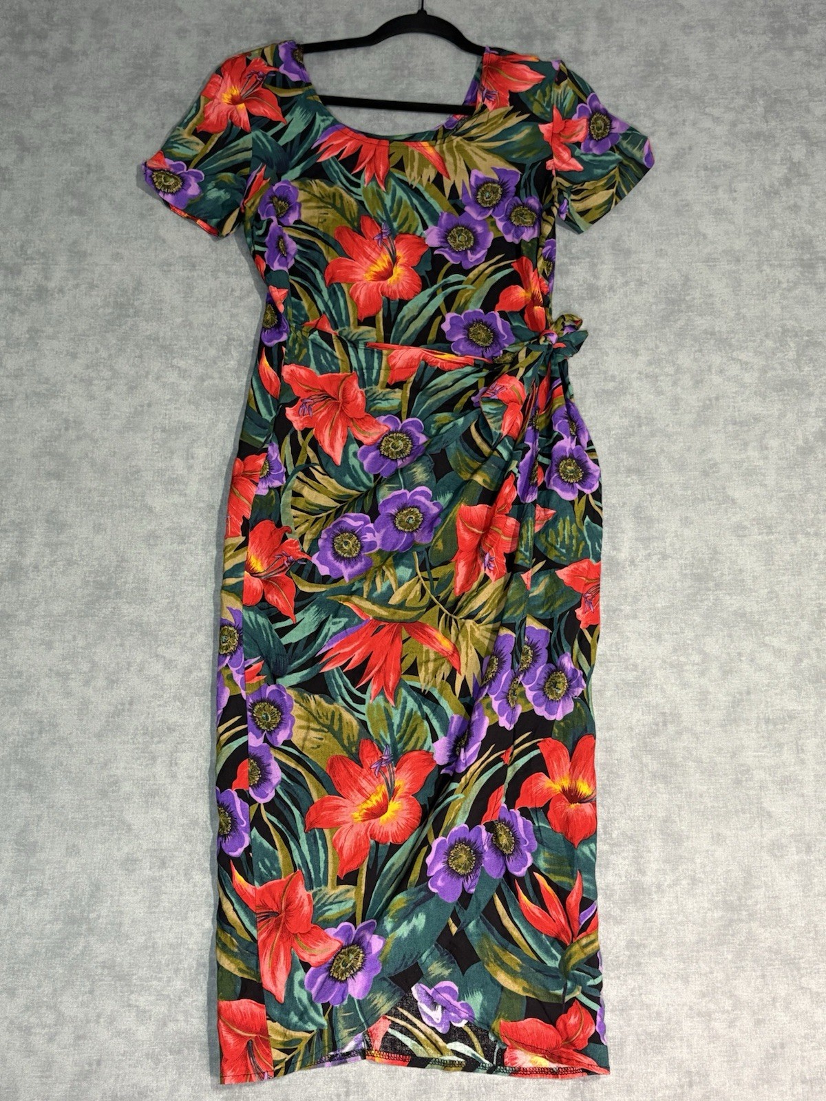 Vintage LA Belle Floral Rayon Midi Dress Women M 90s Tie Waist USA Hawaiian