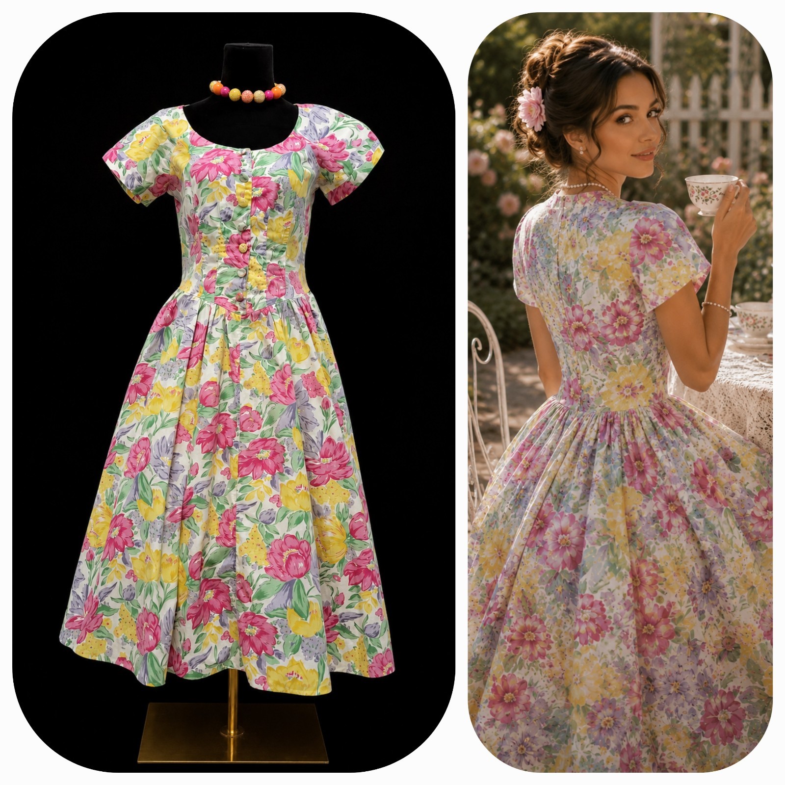 Vintage 80s Floral Dress Tea Party Cottagecore Garden Party Prairie Fit & Flare