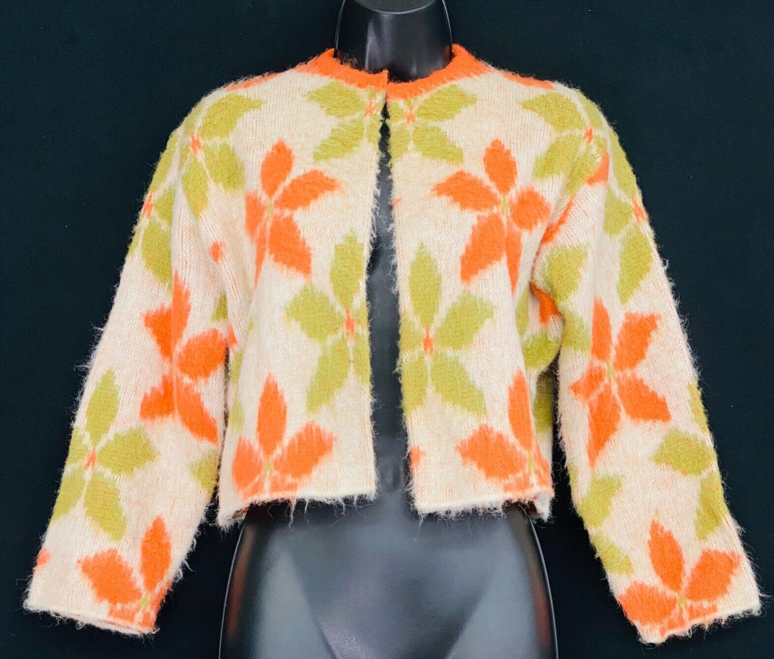 Vintage 1960s orange green floral cardigan sweater knit crop top open front M