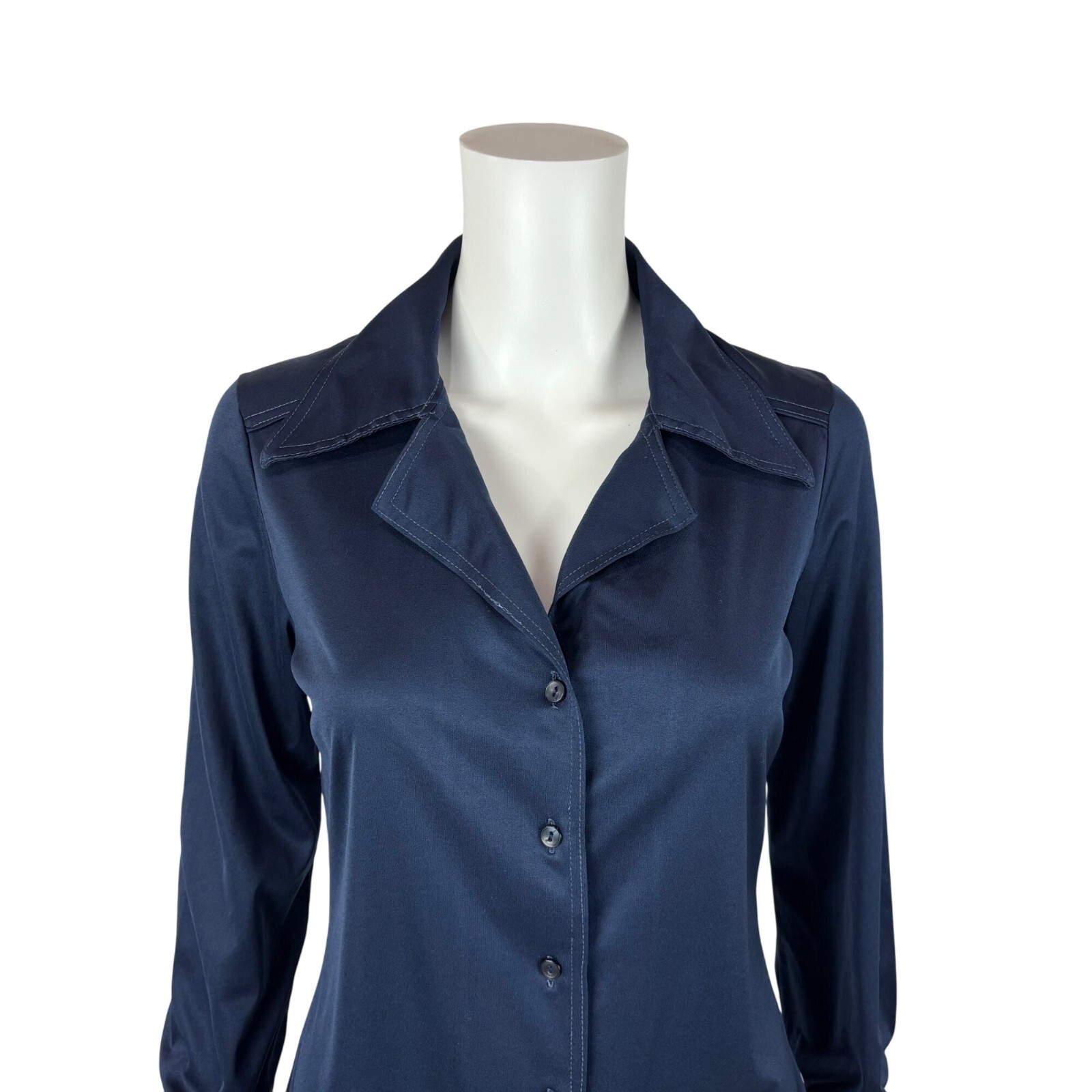 Vintage 70s Disco Blouse Women’s Medium Dark Blue Shiny Going Out Top