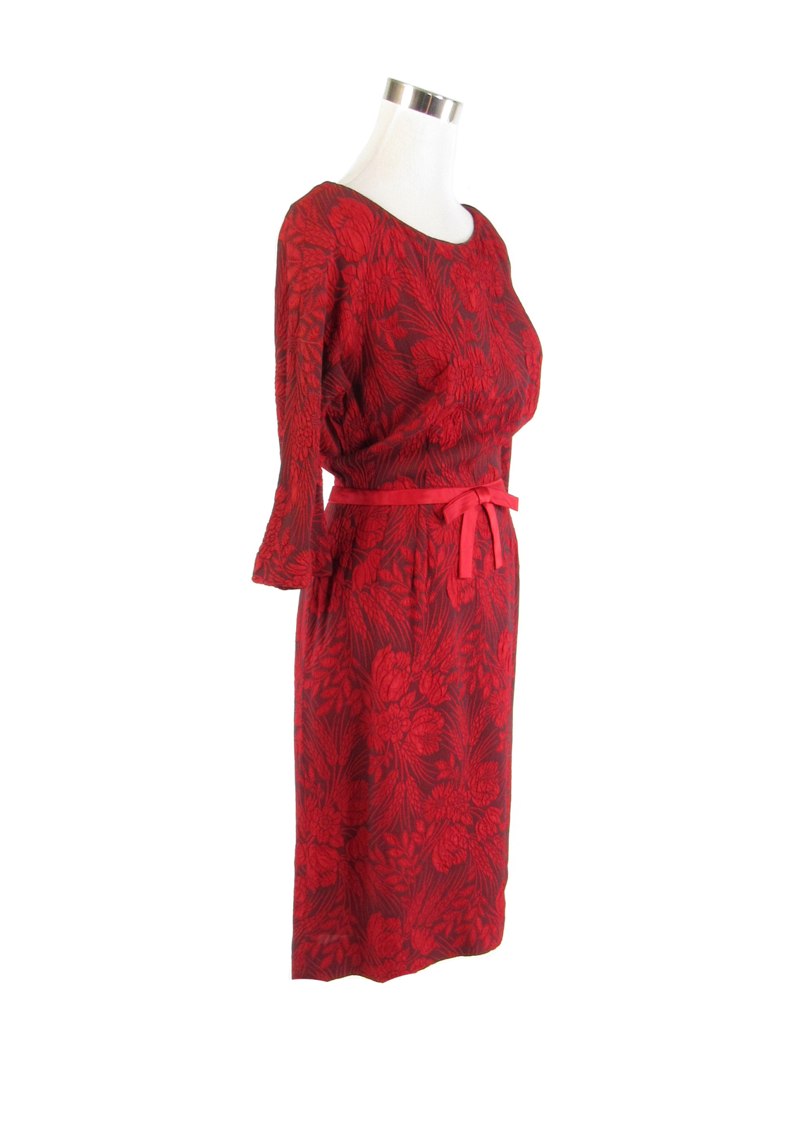 Red gray floral print 3/4 sleeve vintage day dress 12 S